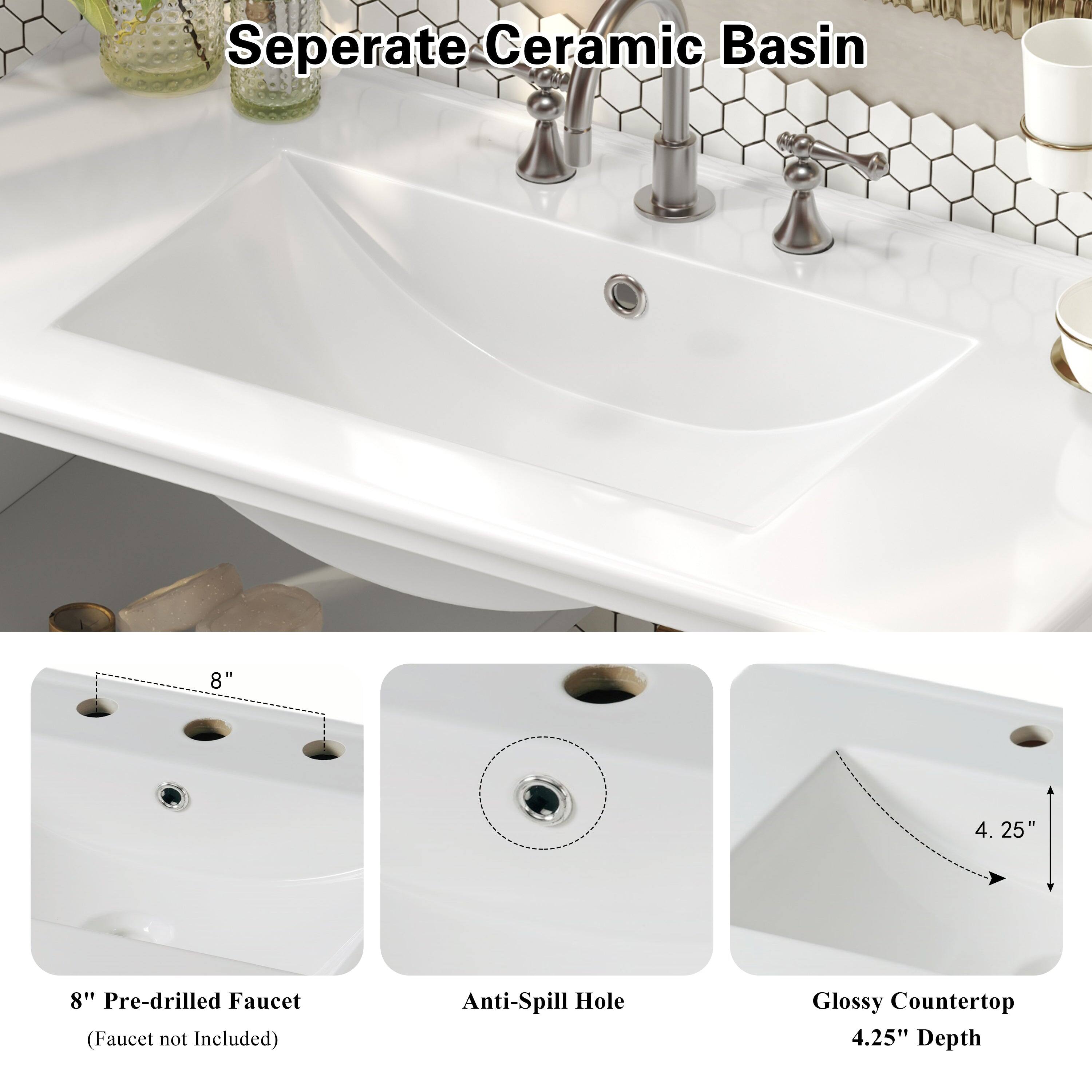 Separate Ceramic Basin

8" Pre-drilled Faucet (Faucet not Included)

Anti-Spill Hole

Glossy Countertop 4.25" Depth