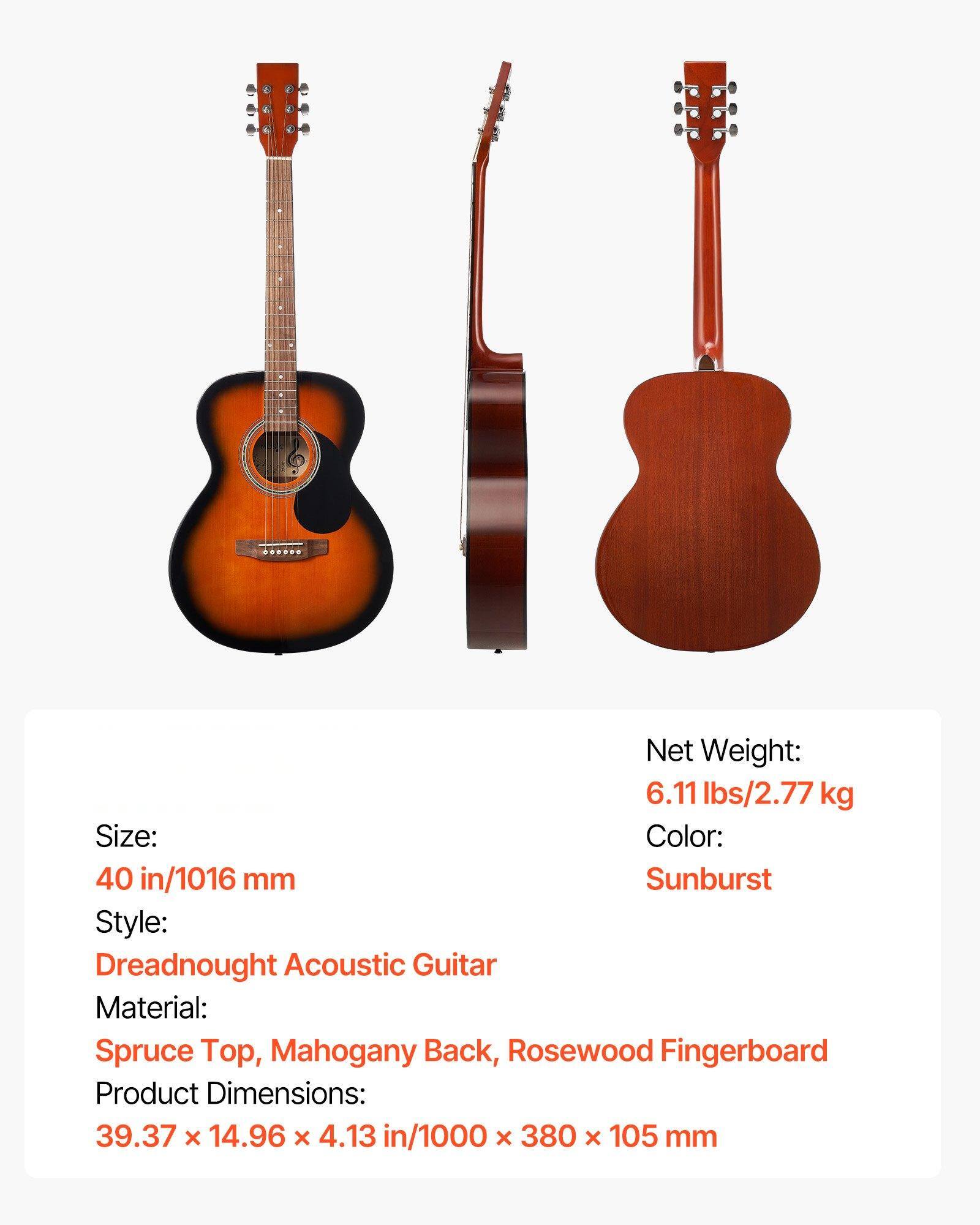 - Net Weight: 6.11 lbs/2.77 kg
- Size: 40 in/1016 mm
- Color: Sunburst
- Style: Dreadnought Acoustic Guitar
- Material: Spruce Top, Mahogany Back, Rosewood Fingerboard
- Product Dimensions: 39.37 x 14.96 x 4.13 in/1000 x 380 x 105 mm