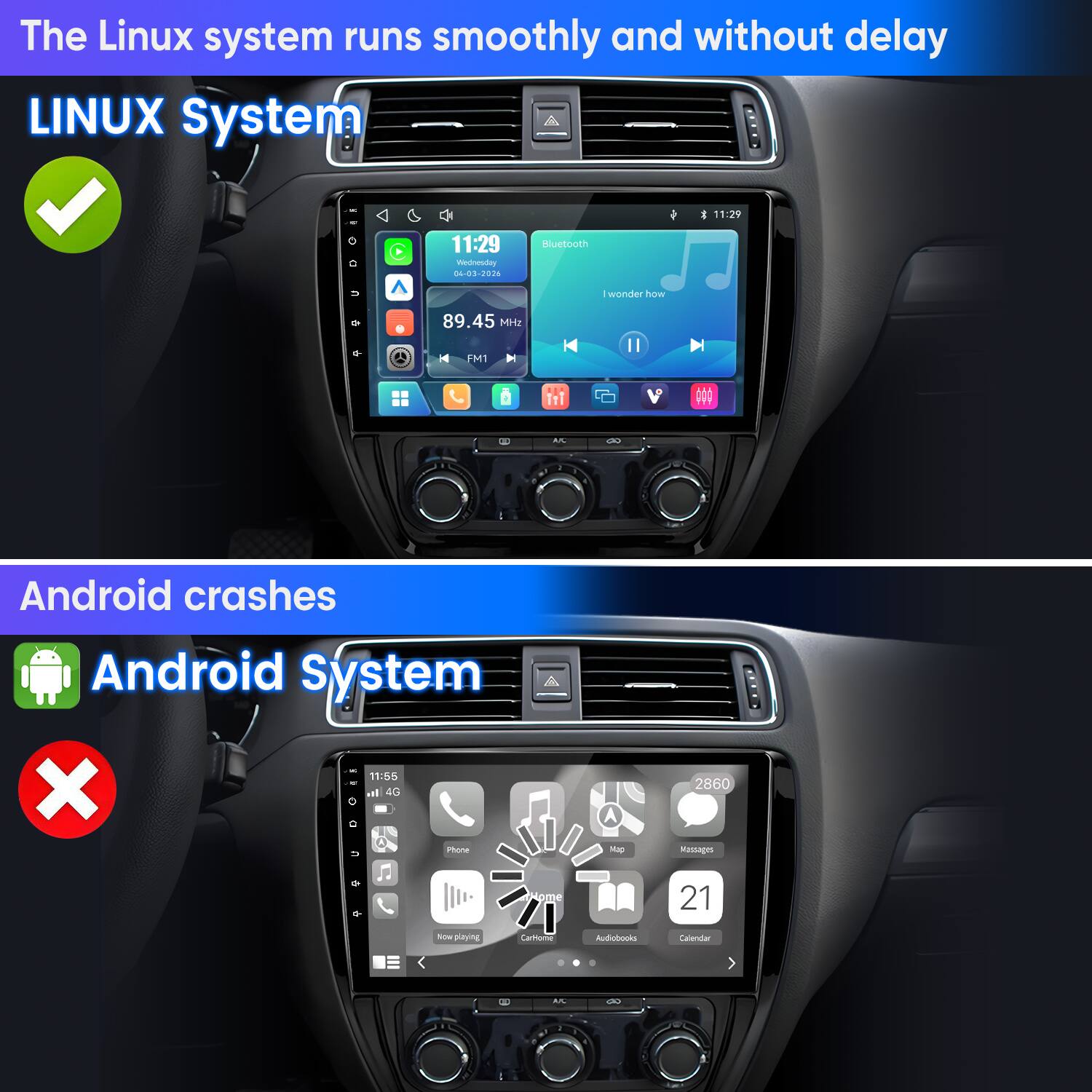The Linux system runs smoothly and without delay  
LINUX System

Android crashes  
Android System