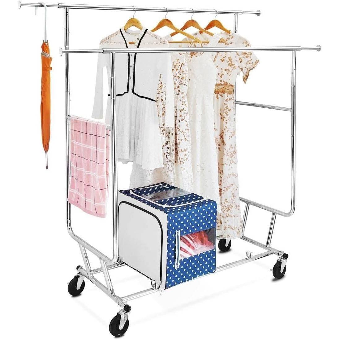Angle. Hivvago - Heavy Duty Double Bar Clothes Hanging Garment Rack on Lockable Wheels - Silver.
