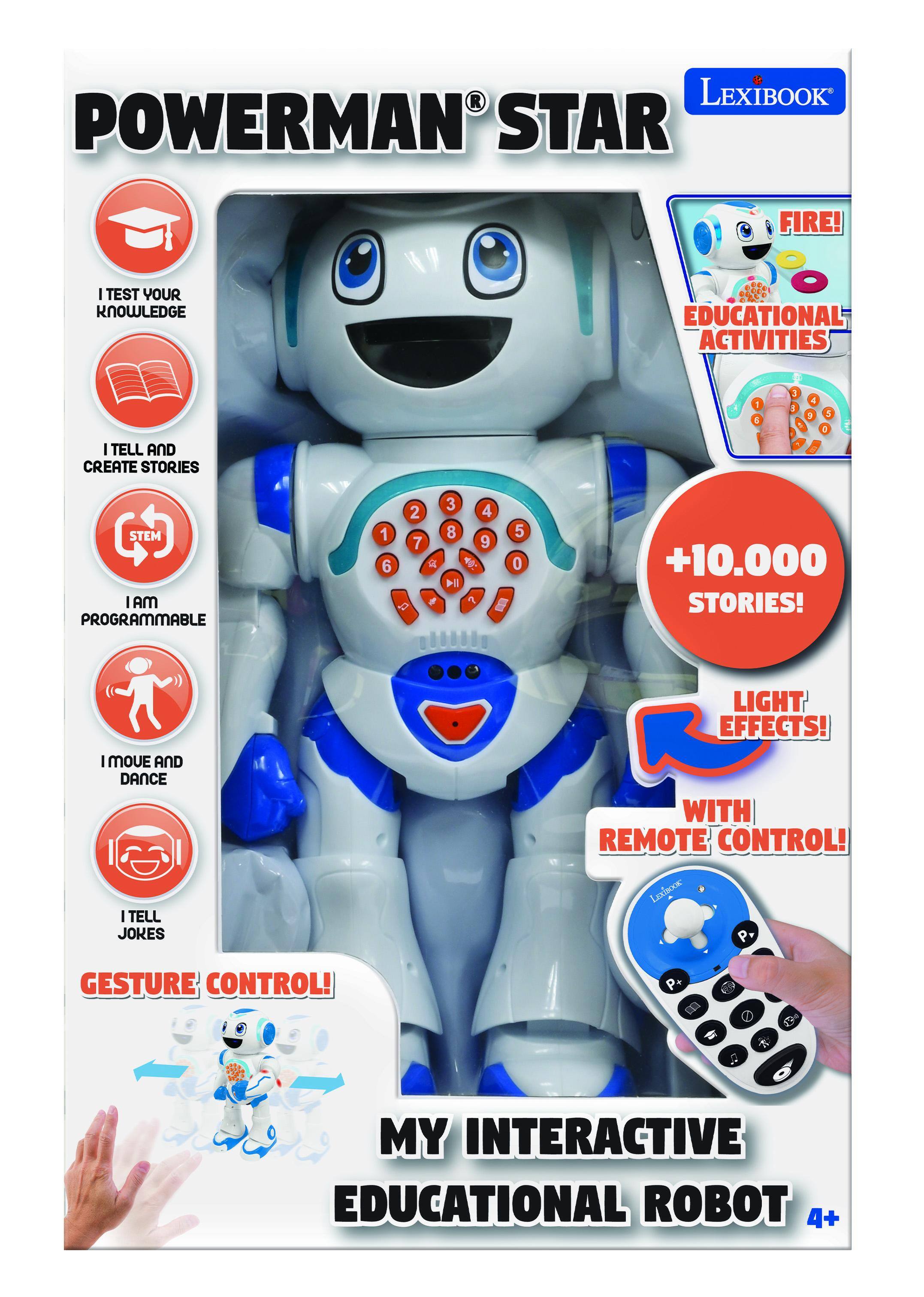 POWERMAN STAR

I TEST YOUR KNOWLEDGE  
I TELL AND CREATE STORIES  
STEM  
I AM PROGRAMMABLE  
I MOVE AND DANCE  
I TELL JOKES  
LIGHT EFFECTS!  
WITH REMOTE CONTROL!  
GESTURE CONTROL!  

+10,000 STORIES!  

MY INTERACTIVE EDUCATIONAL ROBOT 4+