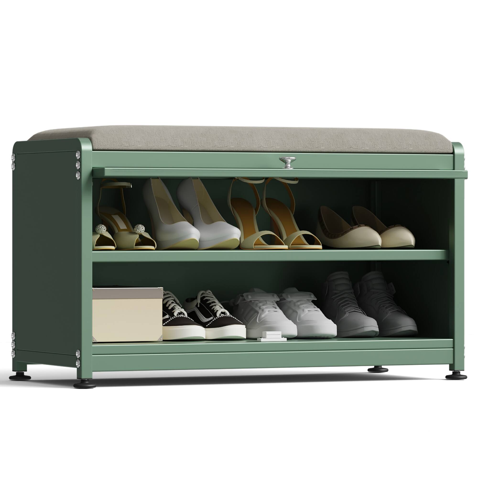 Left. Malletson - 3-Tier Shoe Storage Bench, Metal Shoe Rack with Removable Seat Cushion, for Entranceways, Hallways and Bedrooms - Green.