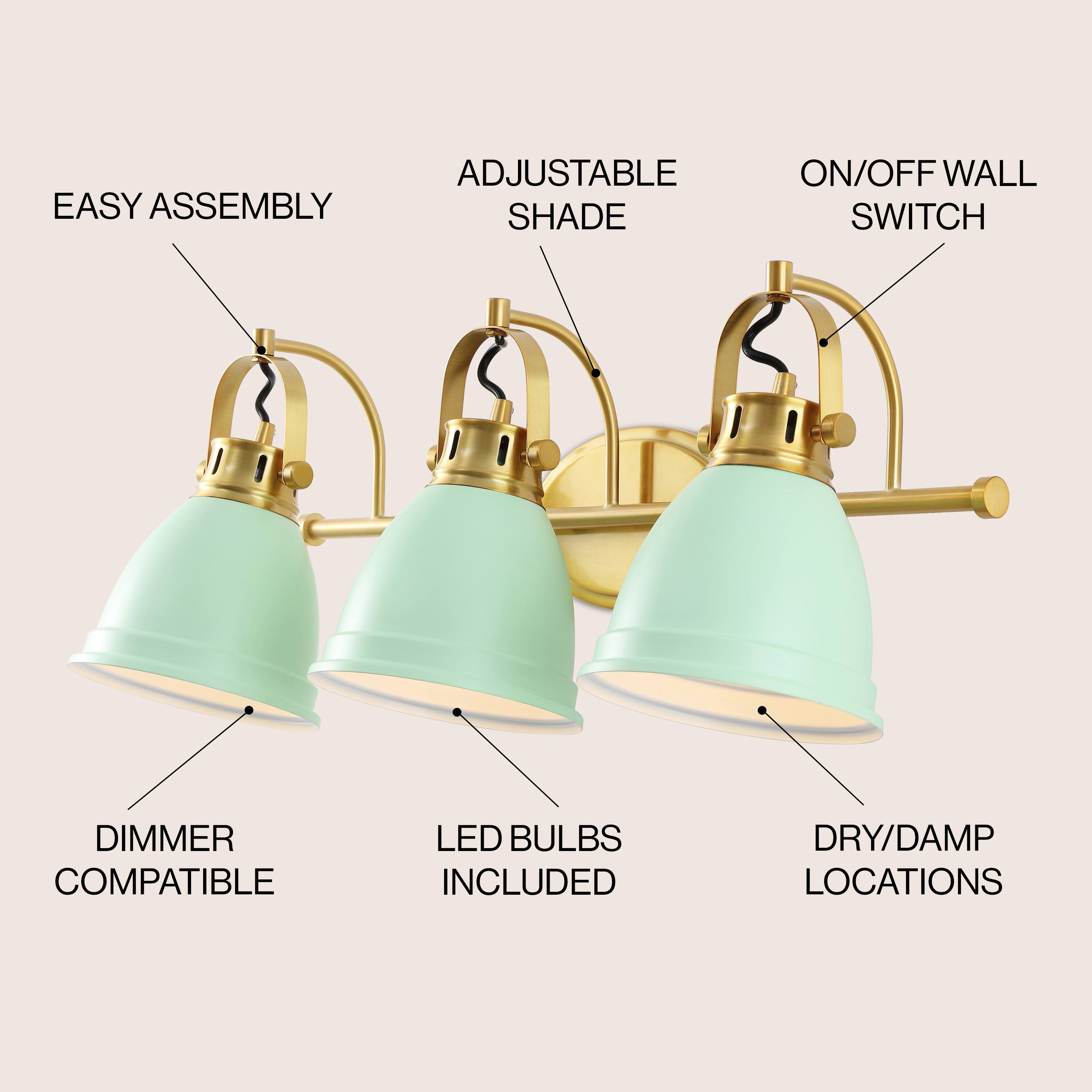 EASY ASSEMBLY  
ADJUSTABLE SHADE  
ON/OFF WALL SWITCH  
DIMMER COMPATIBLE  
LED BULBS INCLUDED  
DRY/DAMP LOCATIONS