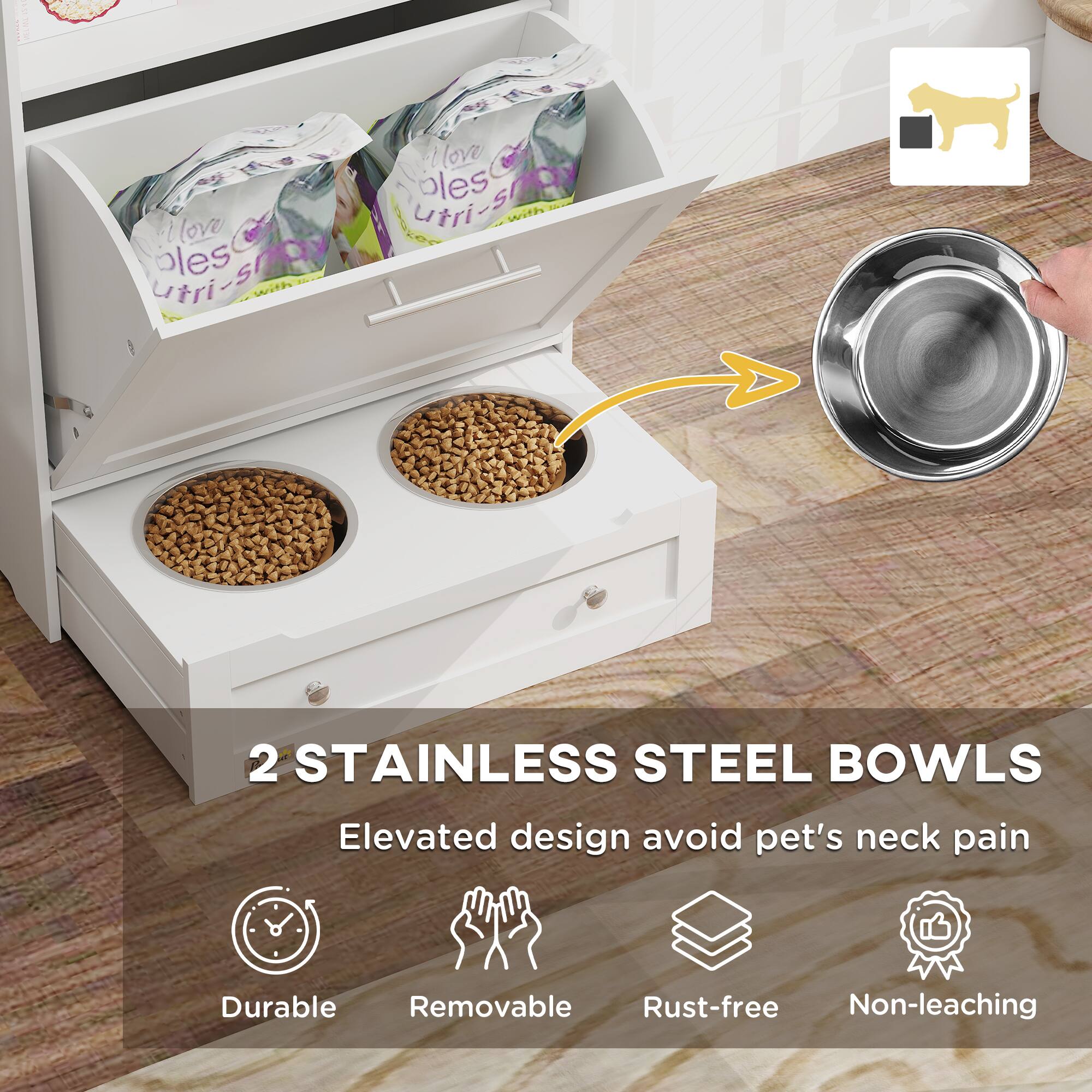 2 STAINLESS STEEL BOWLS  
Elevated design avoid pet's neck pain  

- Durable  
- Removable  
- Rust-free  
- Non-leaching