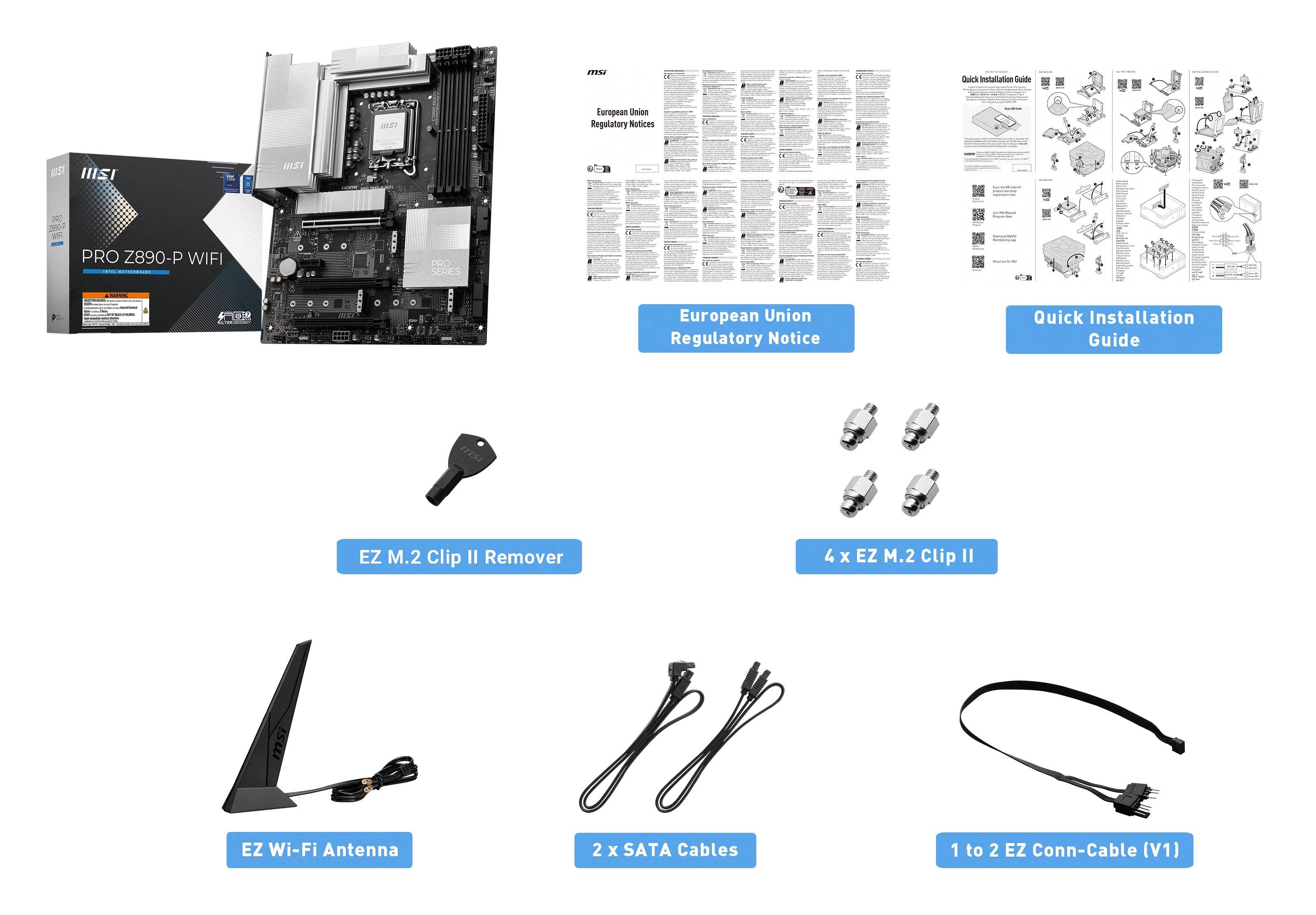 The text on the image is grouped and corrected as follows:

1. Quick Installation Guide
2. European Union Regulatory Notice
3. PRO Z890-P WIFI
4. M.2 Clip II Remover
5. 4 x EZ M.2 Clip II
6. 2 x SATA Cables
7. 1 to 2 EZ Conn-Cable (V1)
8. EZ Wi-Fi Antenna