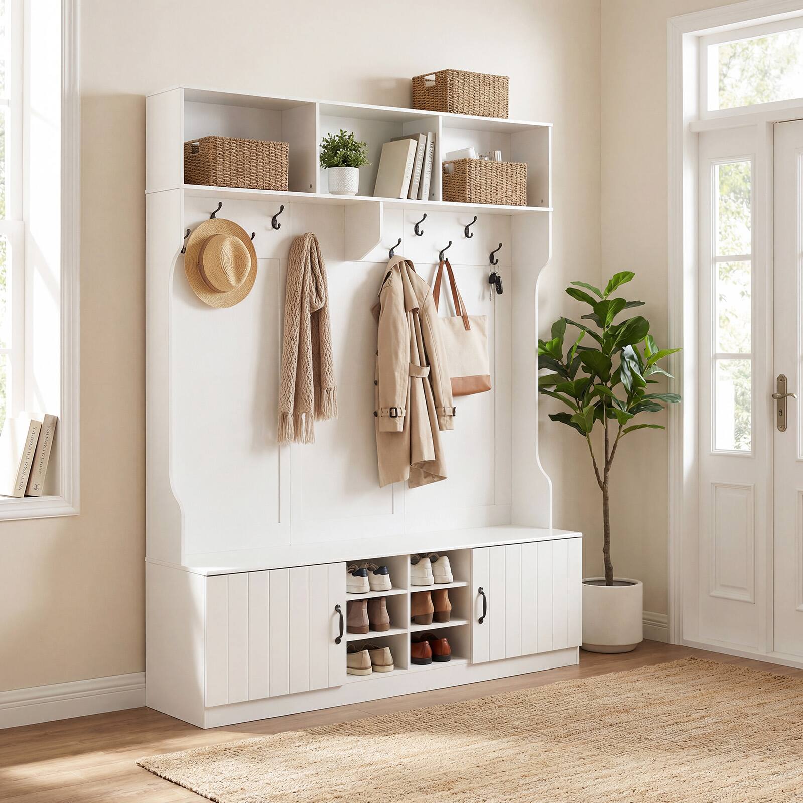 Alt View 3. Costway - Costway 6-in-1 Hall Tree wirh Bench Storage Adjustable Shelves Hanging Hooks Shoe Cubbies - White.