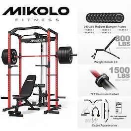 Mikolo - Multi-Functional Squat Rack with LAT Pulldown System Exercise Power Cages,Metal - Red