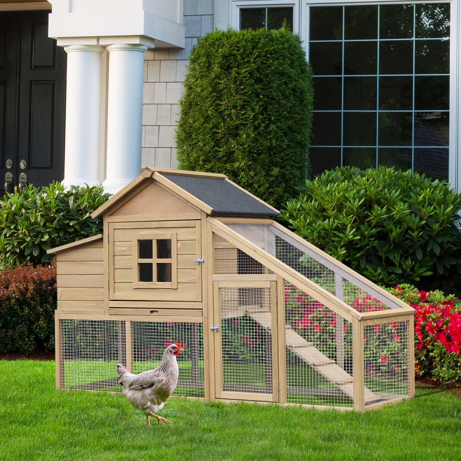 Alt View 1. Pawhut - 69" Wooden Chicken Coop, Poultry Cage Hen House with Connecting Ramp, Tray - Natural Wood.