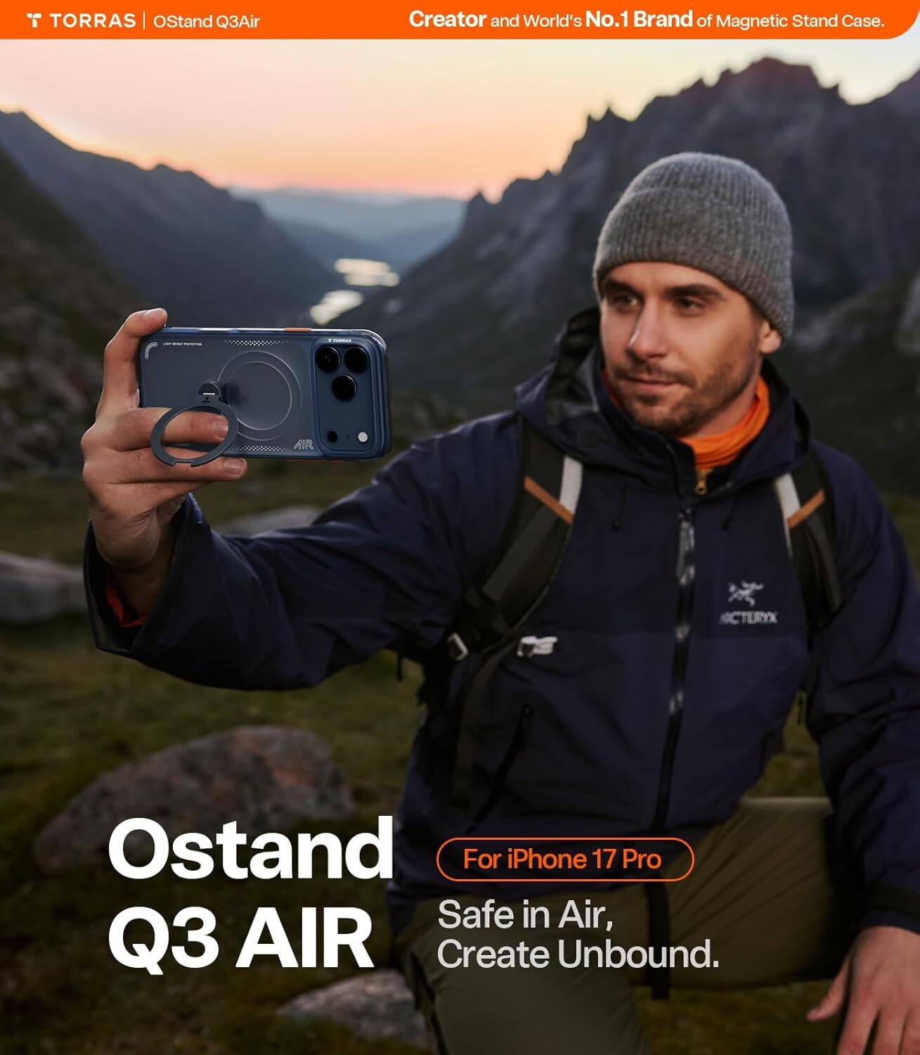 TORRAS | OStand Q3Air  
Creator and World's No.1 Brand of Magnetic Stand Case.  

Ostand Q3 AIR  
For iPhone 17 Pro  
Safe in Air, Create Unbound.