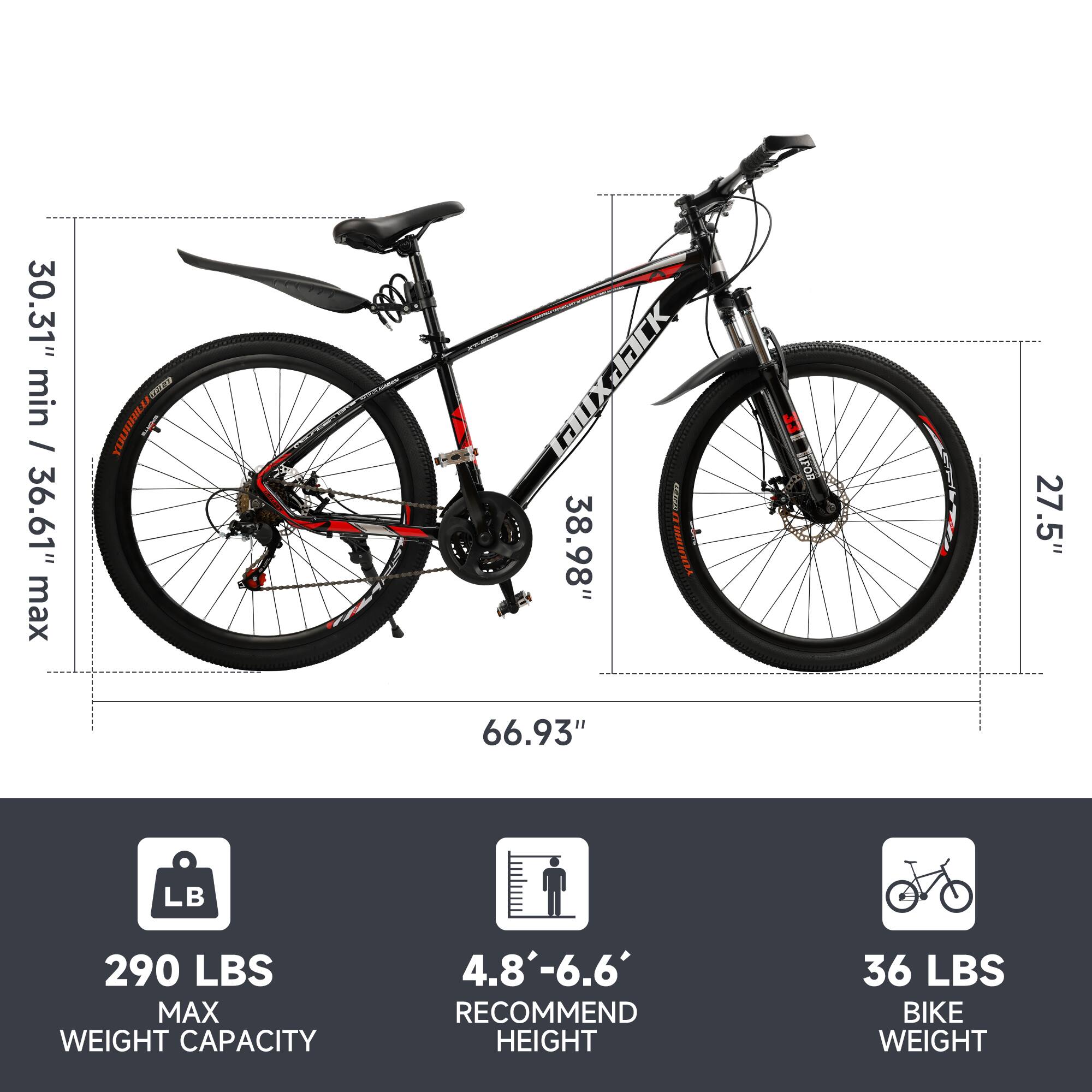 - **Dimensions:**
  - 30.31" min / 36.61" max
  - 38.98"
  - 27.5"
  - 66.93"

- **Specifications:**
  - 290 LBS MAX WEIGHT CAPACITY
  - 4.8'-6.6' RECOMMEND HEIGHT
  - 36 LBS BIKE WEIGHT