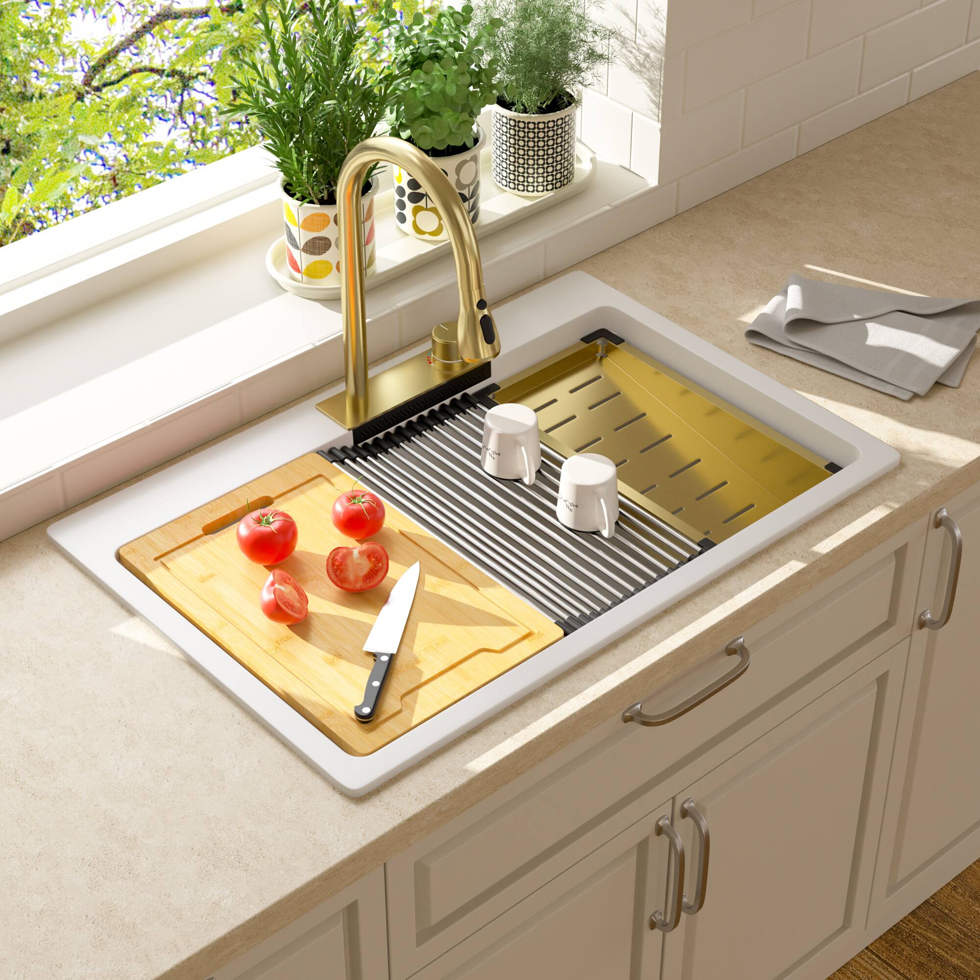 Back. Lordear - 33x22x10 Inch White Granite Composite Waterfall kitchen Sink Drop In Single Bowl Quartz Workstation Kitchen Sink - White.