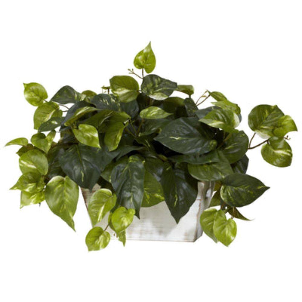 Angle. BreeBe - Pothos w/White Wash Planter Silk Plant - Green.