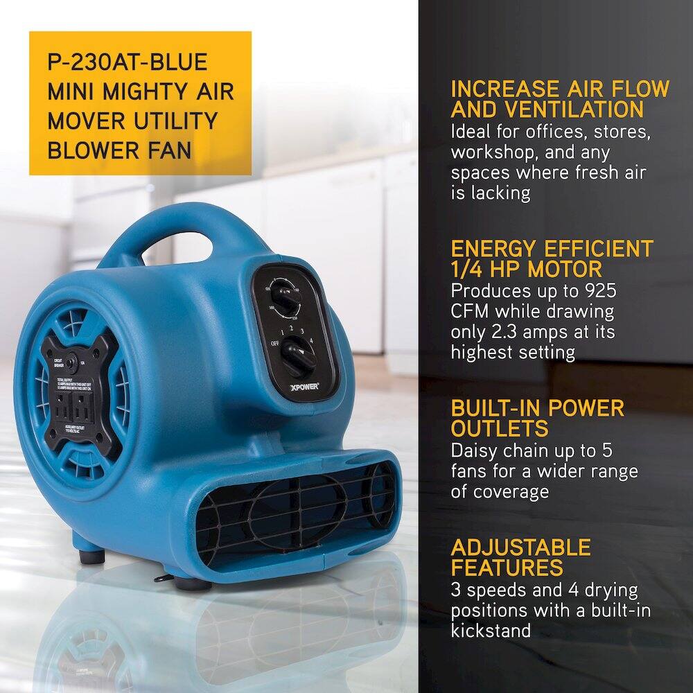 P-230AT-BLUE  
MINI MIGHTY AIR MOVER UTILITY BLOWER FAN

INCREASE AIR FLOW AND VENTILATION  
Ideal for offices, stores, workshop, and any spaces where fresh air is lacking

ENERGY EFFICIENT  
1/4 HP MOTOR  
Produces up to 925 CFM while drawing only 2.3 amps at its highest setting

BUILT-IN POWER OUTLETS  
Daisy chain up to 5 fans for a wider range of coverage

ADJUSTABLE FEATURES  
3 speeds and 4 drying positions with a built-in kickstand