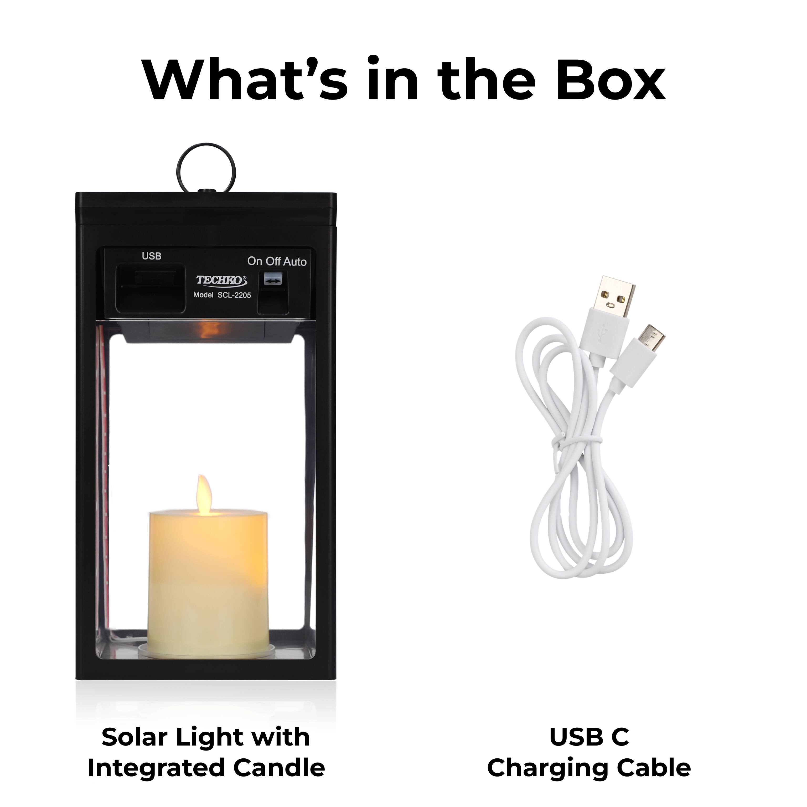 What's in the Box
Solar Light with Integrated Candle
USB Charging Cable

USB On Off Auto
CKOS Modiel SCL-2205