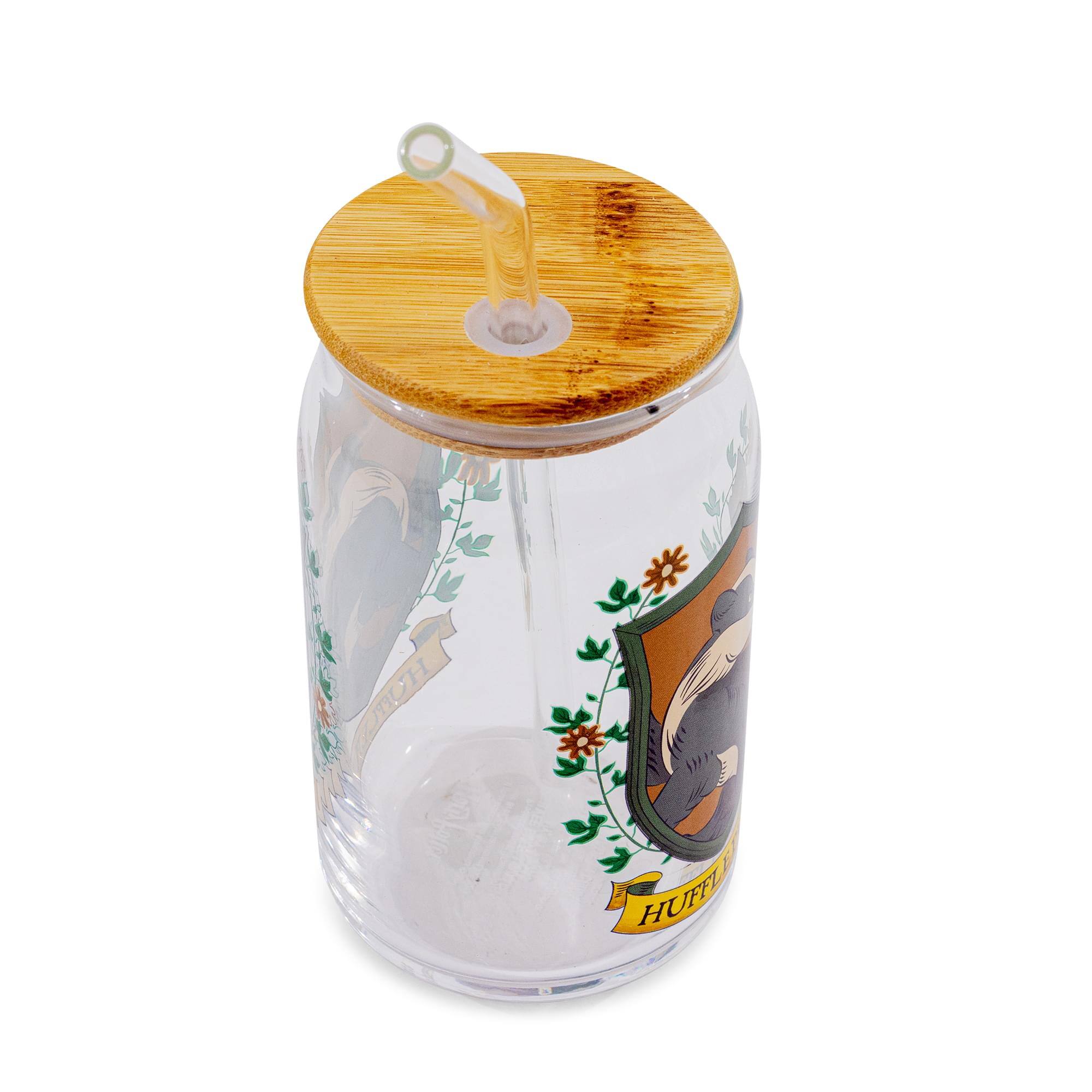 Alt View 1. Silver Buffalo - Harry Potter Hufflepuff House Mascot Glass Tumbler With Bamboo Lid and Straw - Multi-Colored.