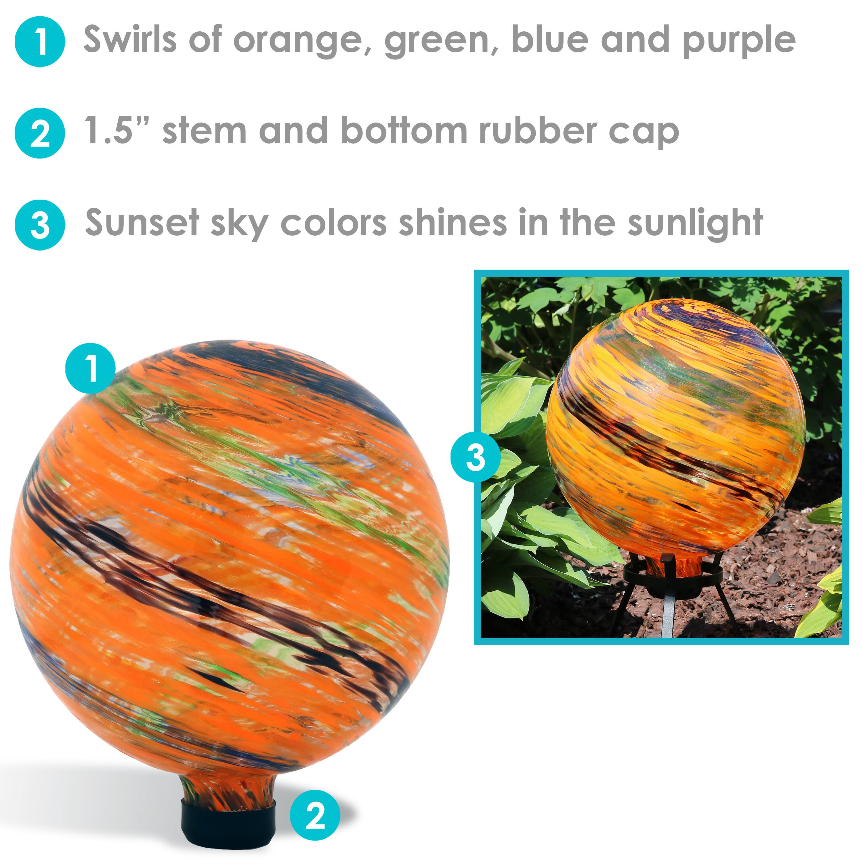 1. Swirls of orange, green, blue, and purple  
2. 1.5" stem and bottom rubber cap  
3. Sunset sky colors shine in the sunlight
