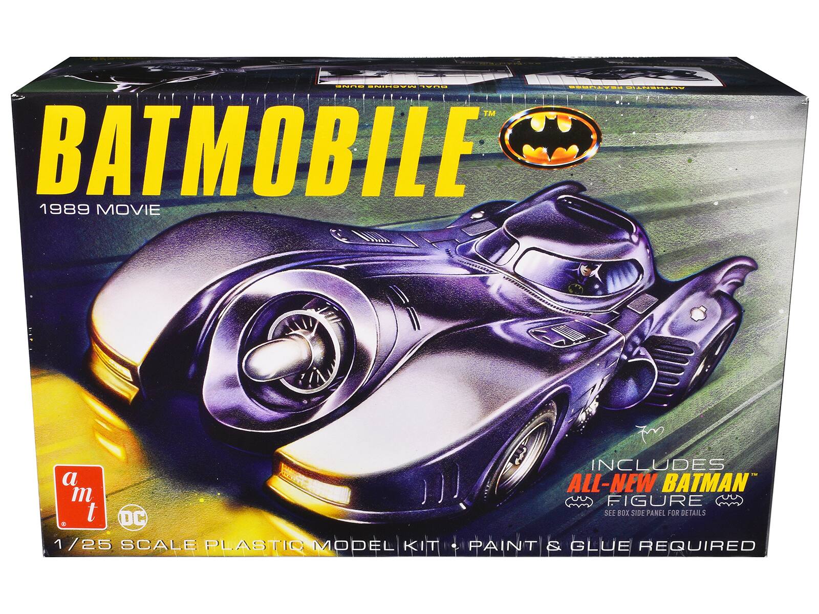 BATMOBILE  
1989 MOVIE  

INCLUDES ALL-NEW BATMAN FIGURE  
SEE BOX SIDE PANEL FOR DETAILS  

1/25 SCALE PLASTIC MODEL KIT  
PAINT & GLUE REQUIRED  

AMT  
DC
