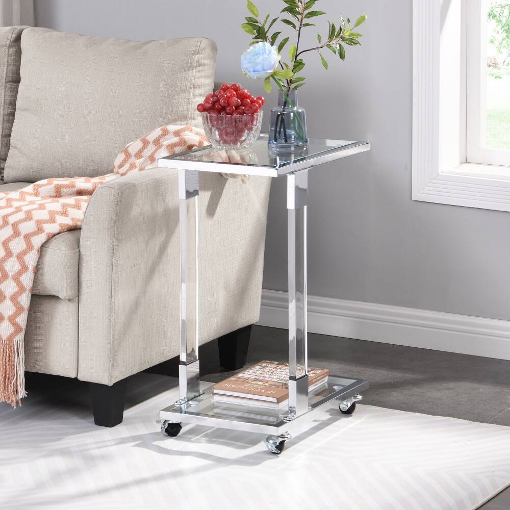 Front. Lirago - ​​Chrome C Shape End Table with Glass Top Metal Base Coffee Table 25.6"H x 11.82"D x 17.72"W - Chrome.