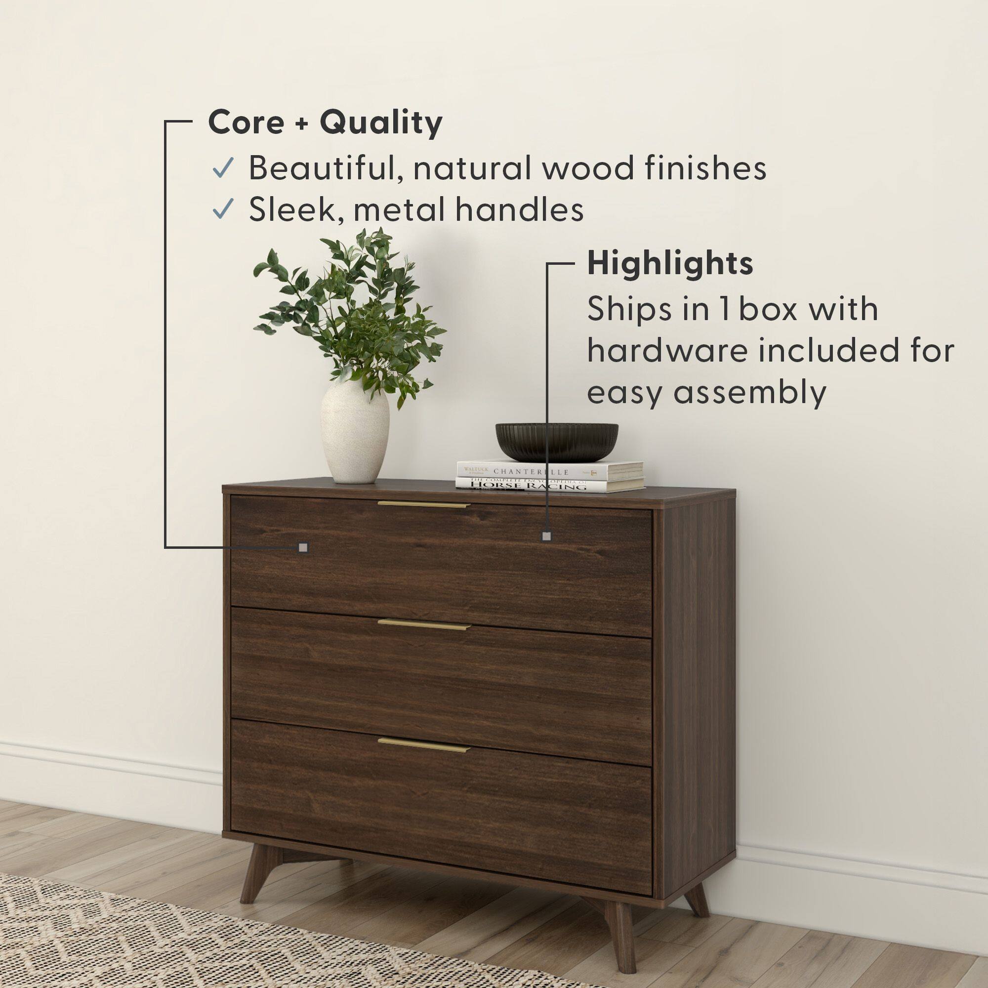 Core + Quality  
- Beautiful, natural wood finishes  
- Sleek, metal handles  

Highlights  
- Ships in 1 box with hardware included for easy assembly