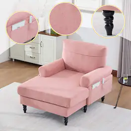Roomtec - Modern Minimalist Chenille Fabric Chaise Lounge Recliner Single Sofa Living Room Bedroom Rest Chair Wooden Sofa Legs - Pink