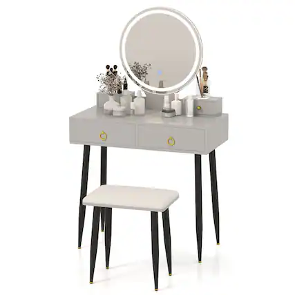 Front. Costway - Costway Vanity Makeup Dressing Table Stool Set 3-Color Lighted Mirror with Drawers - Gray.