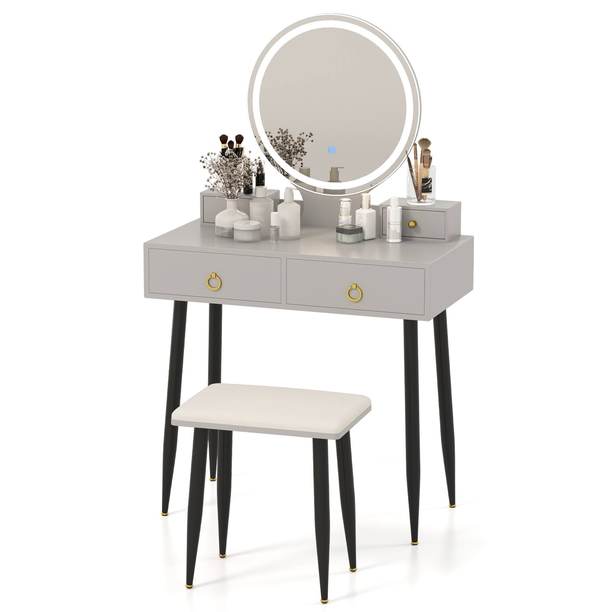 Costway - Vanity Makeup Dressing Table Stool Set 3-Color Lighted Mirror with Drawers - Gray