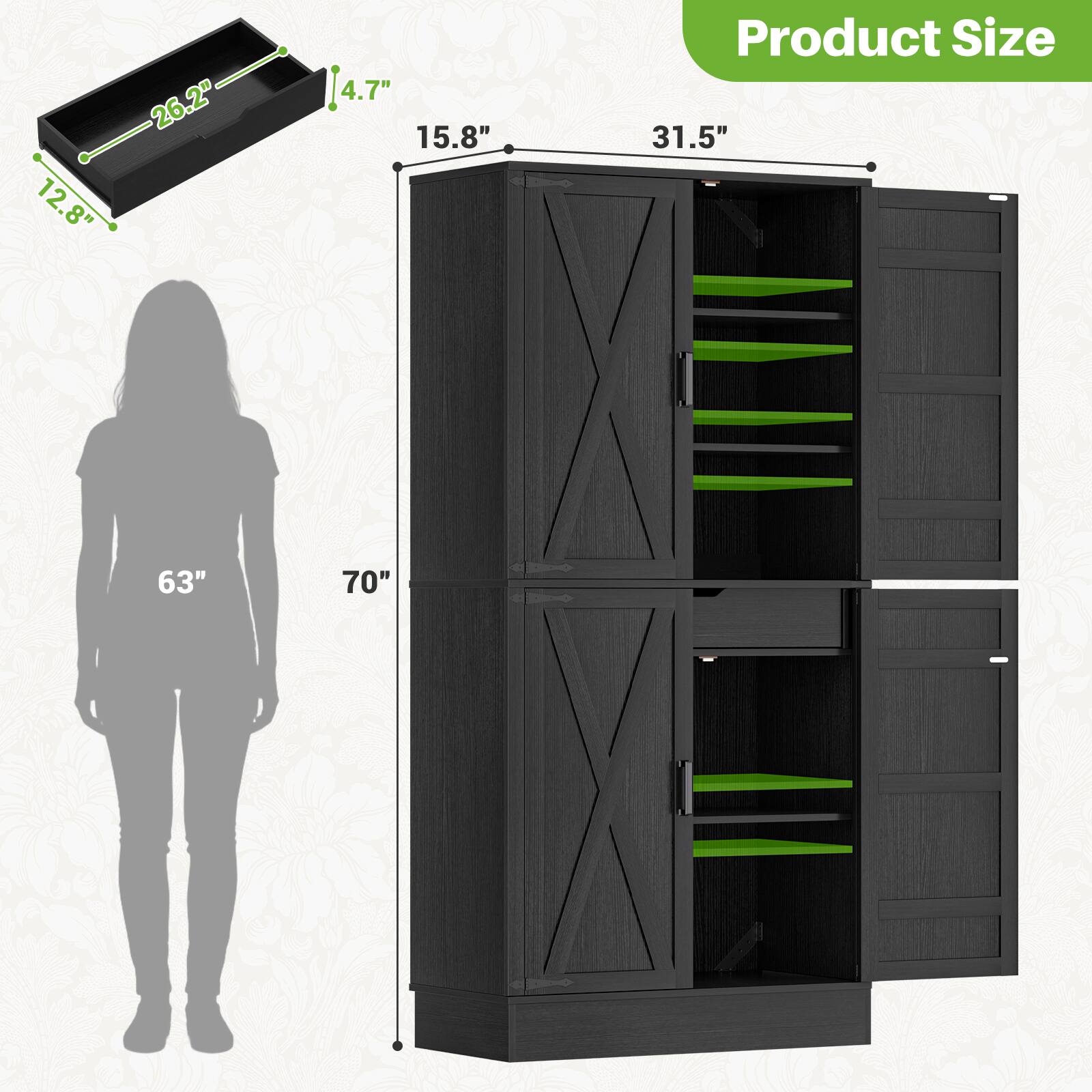 12.8" 26.2" 4.7" 4.7" 15.8" Product Size 31.5" 63" 70"
