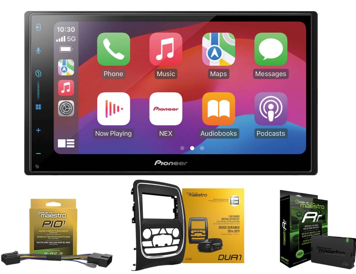 10:30  
5G  
Phone  
Music  
Maps  
Messages  
Now Playing  
NEX  
Audiobooks  
Podcasts  

Pioneer  
maestro PIO R2S  
maestro CAR RADIO INSTALLATION KIT  
DODGE DURANGO 2014-2019  
maestro Rr  
maestro
