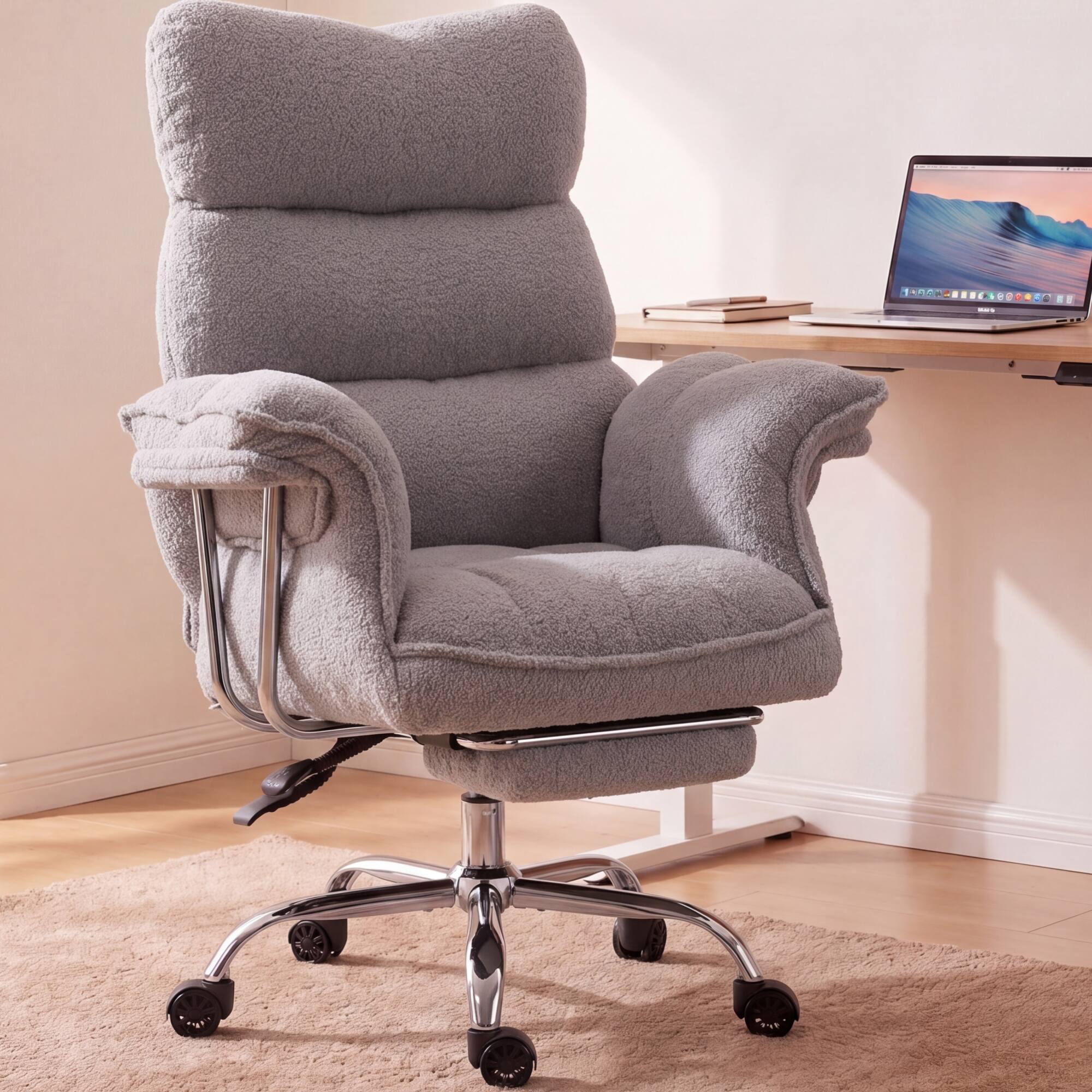 Angle. Dowinx - Big & Tall Ergonomic Chair, Wide/Thick Cushion, Reclining High-Back w/Footrest, Teddy Fleece - Gray.