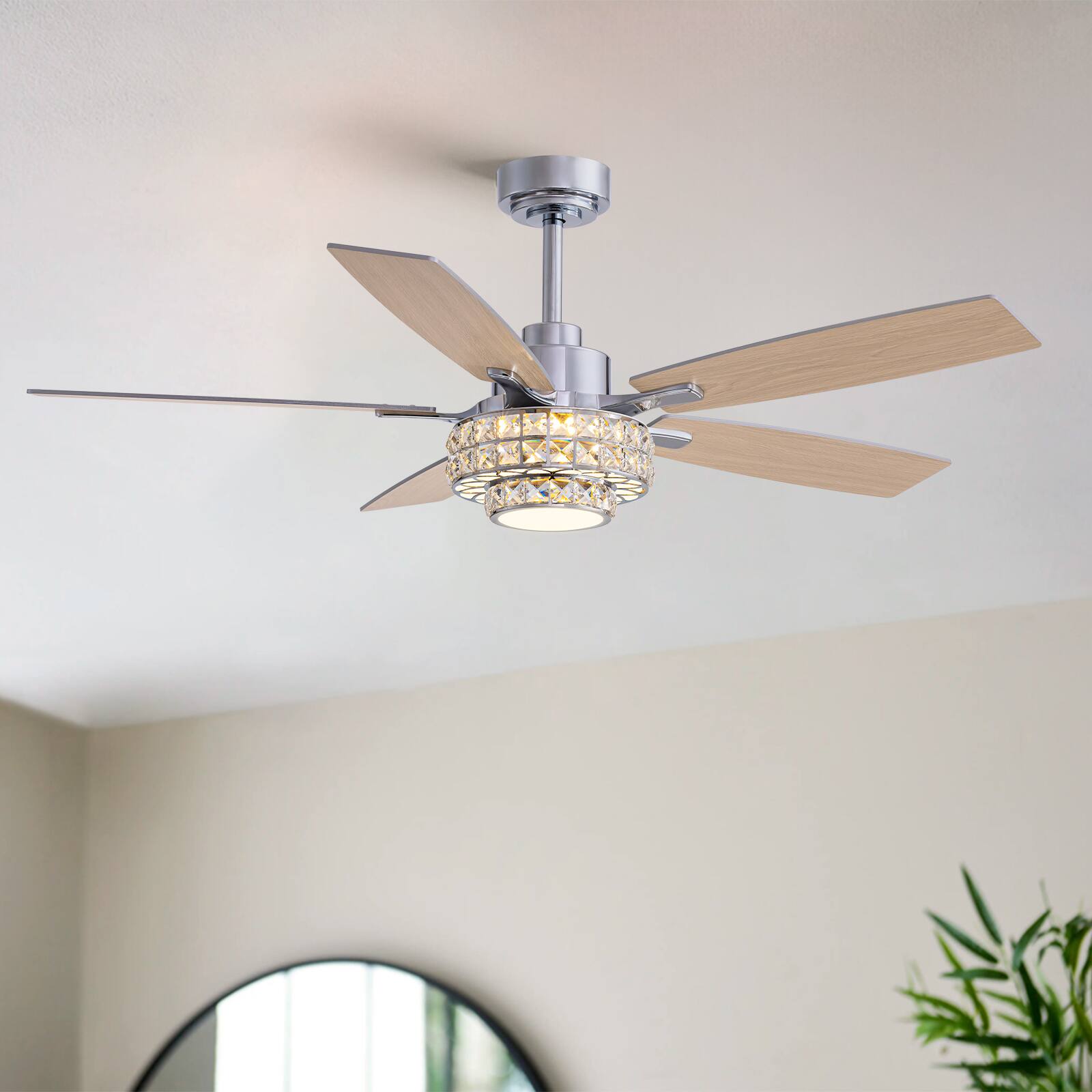 Angle. Siljoy - 52-Inch Modern Double Layer Crystal Cage Ceiling Fan with Light for Living Room Bedroom and Kitchen - Chrome.