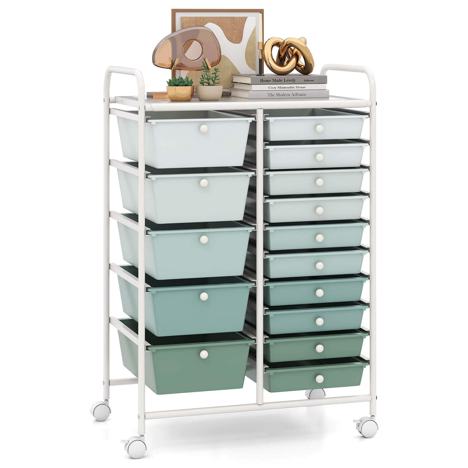 Costway - 15-Drawer Rolling Storage Cart Mobile Cart with Colorful Drawers & Metal Frame - Gradient Green