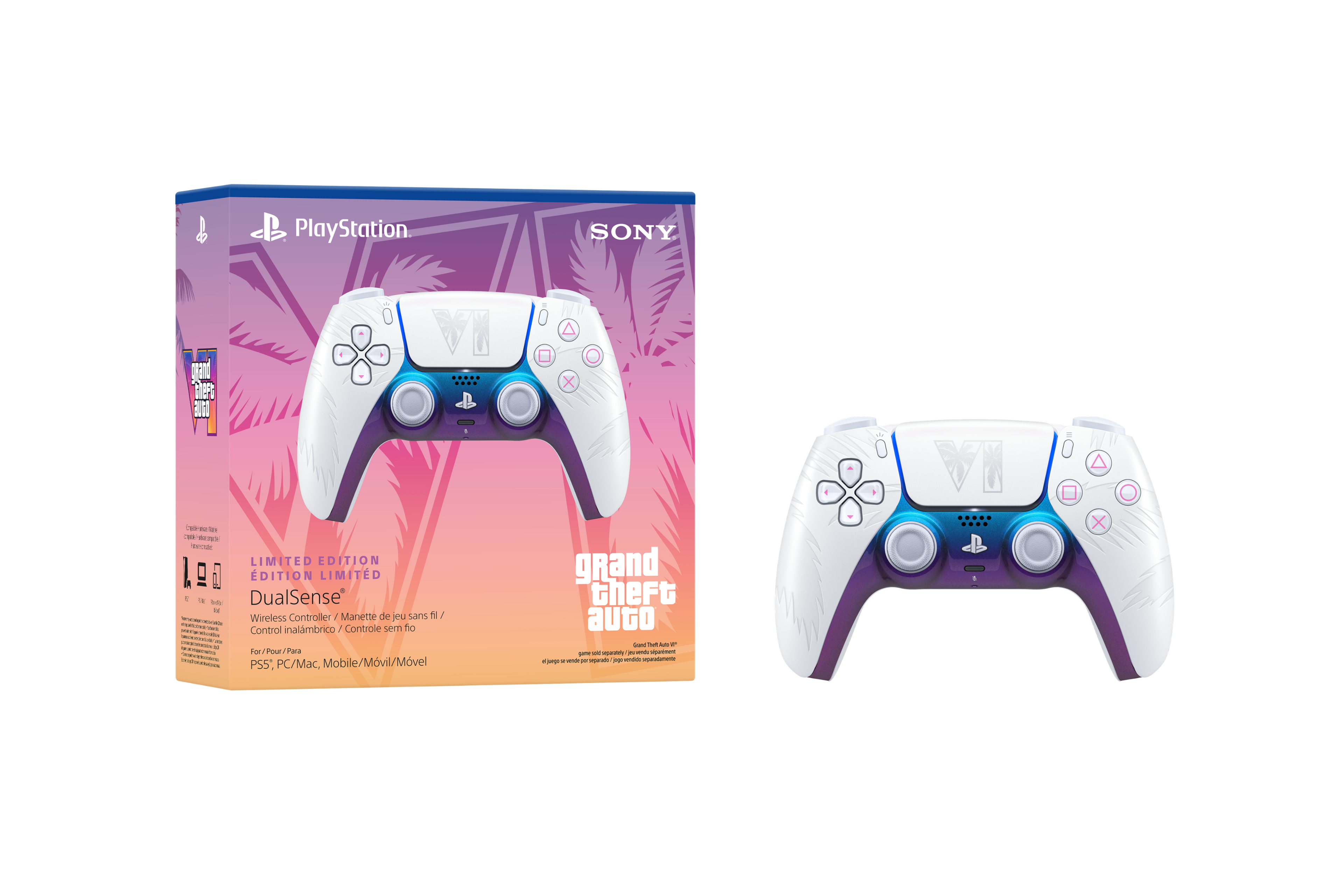 PlayStation  
SONY  
grand theft auto VI  
LIMITED EDITION  
DualSense Wireless Controller  
For/Pour/Para PS5*, PC/Mac, Mobile/Movil/Movel