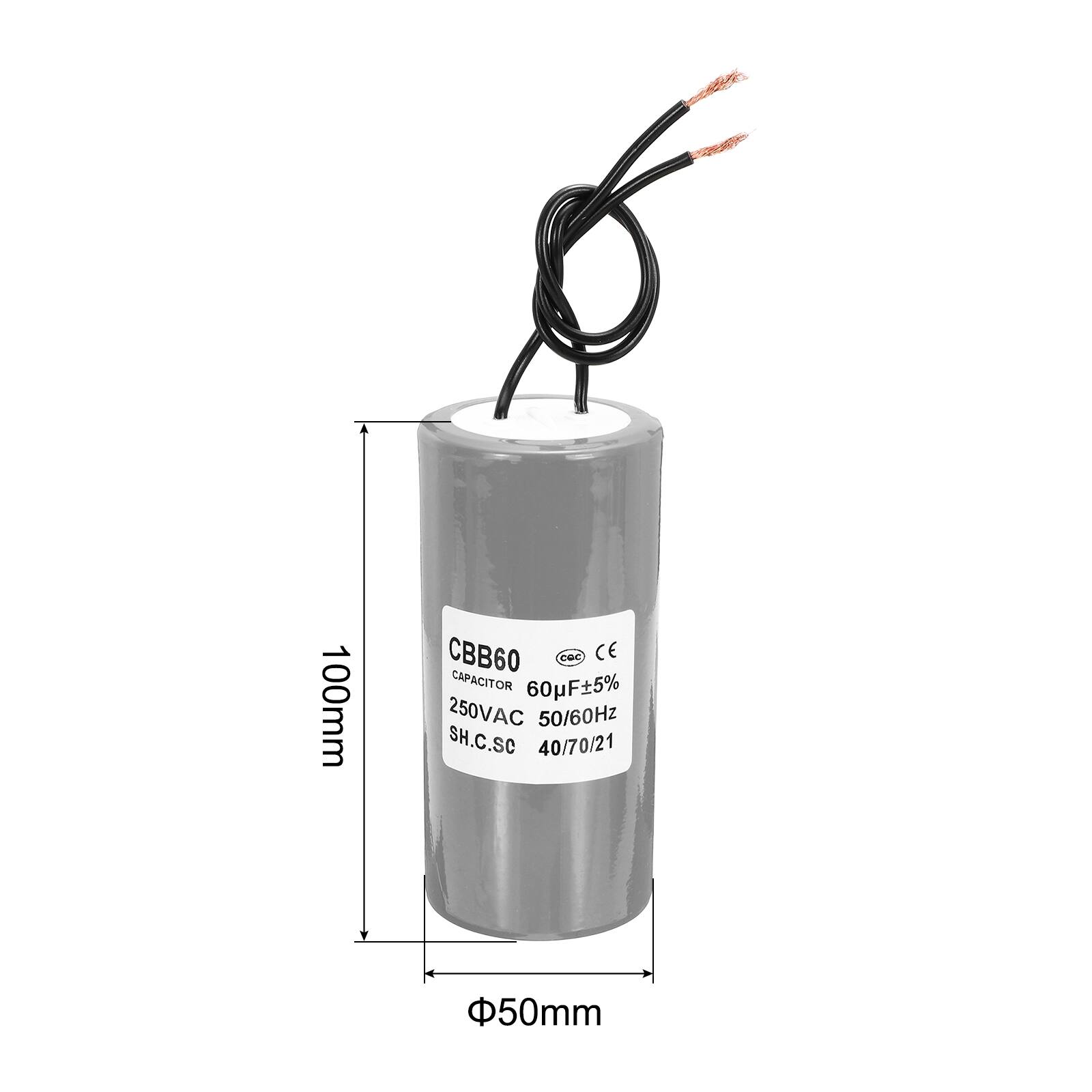 100mm CBB60 Capacitor 60µF±5% 250VAC 50/60Hz SH.C.SC 40/70/21 50mm