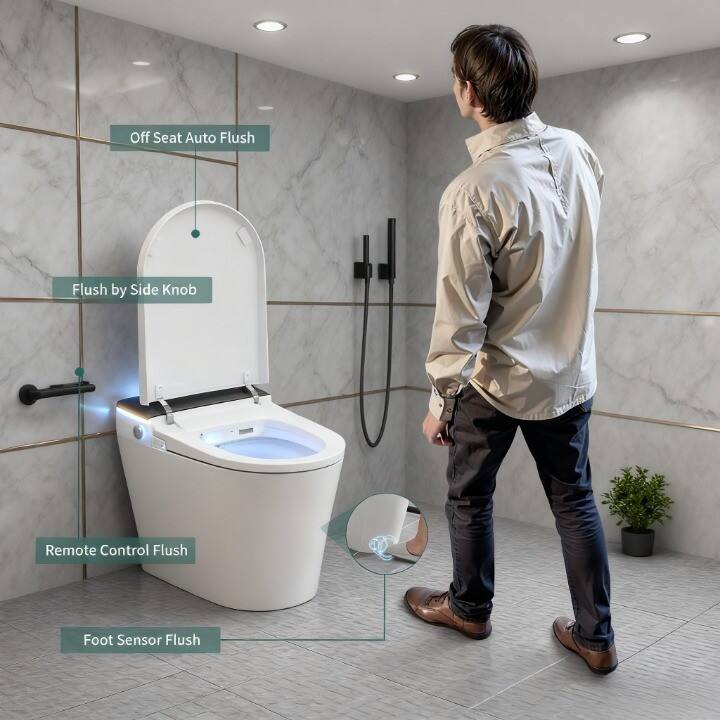 - Off Seat Auto Flush
- Flush by Side Knob
- Remote Control Flush
- Foot Sensor Flush