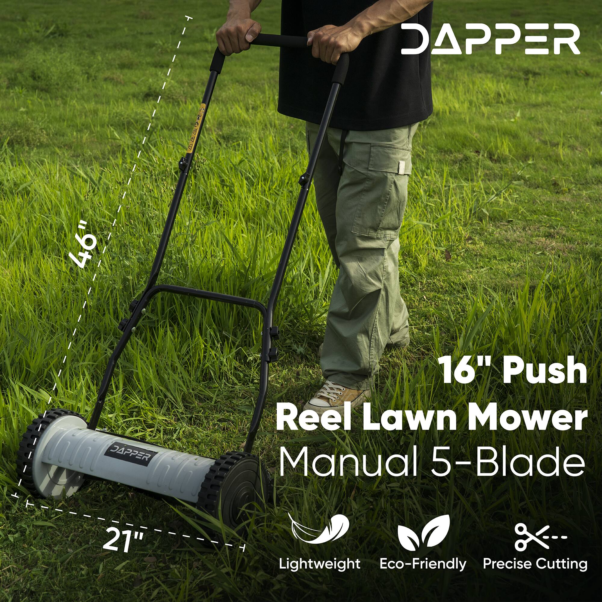 DAPPER 46" (116.8 cm) 16" Push Reel Lawn Mower Manual 5-Blade Lightweight Eco-Friendly Precise Cutting