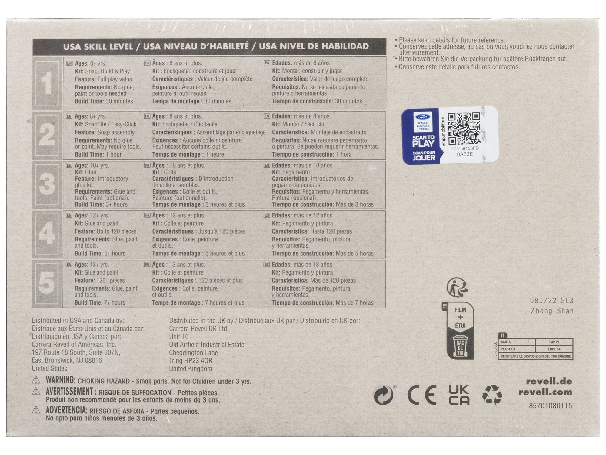 **USA SKILL LEVEL / USA NIVEAU D'HABILITÉ / USA NIVEL DE HABILIDAD**

1. **Ages: 6+ yrs.**  
   Kit: Snap, Build & Play  
   Feature: Full play value  
   Requirements: No glue, paint or tools needed  
   Build Time: 30 minutes  
   **Ages: 6 ans et plus**  
   Kit: Encliqueter, construire et jouer  
   Caractéristiques: Valeur de jeu complète  
   Exigences: Aucune colle, peinture ou outils requis.  
   Temps de montage: 30 minutes  
   **Edades: más de 6 años**  
   Kit: Montar, construir y jugar  
   Características: Juego completo  
   Requisitos: No se necesita pegamento, pintura o herramientas.  
   Tiempo de construcción: 30 minutos  

2. **Ages: 8+ yrs.**  
   Kit: SnapTite / Easy-Click  
   Feature: Snap assembly  
   Requirements: No glue or paint. May require tools.  
   Build Time: 1 hour  
