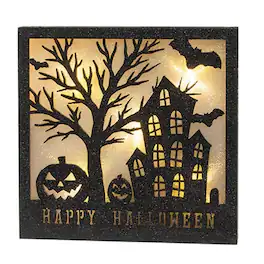 BreeBe - Sparkle Happy Halloween House Lighted Box Sign - Black