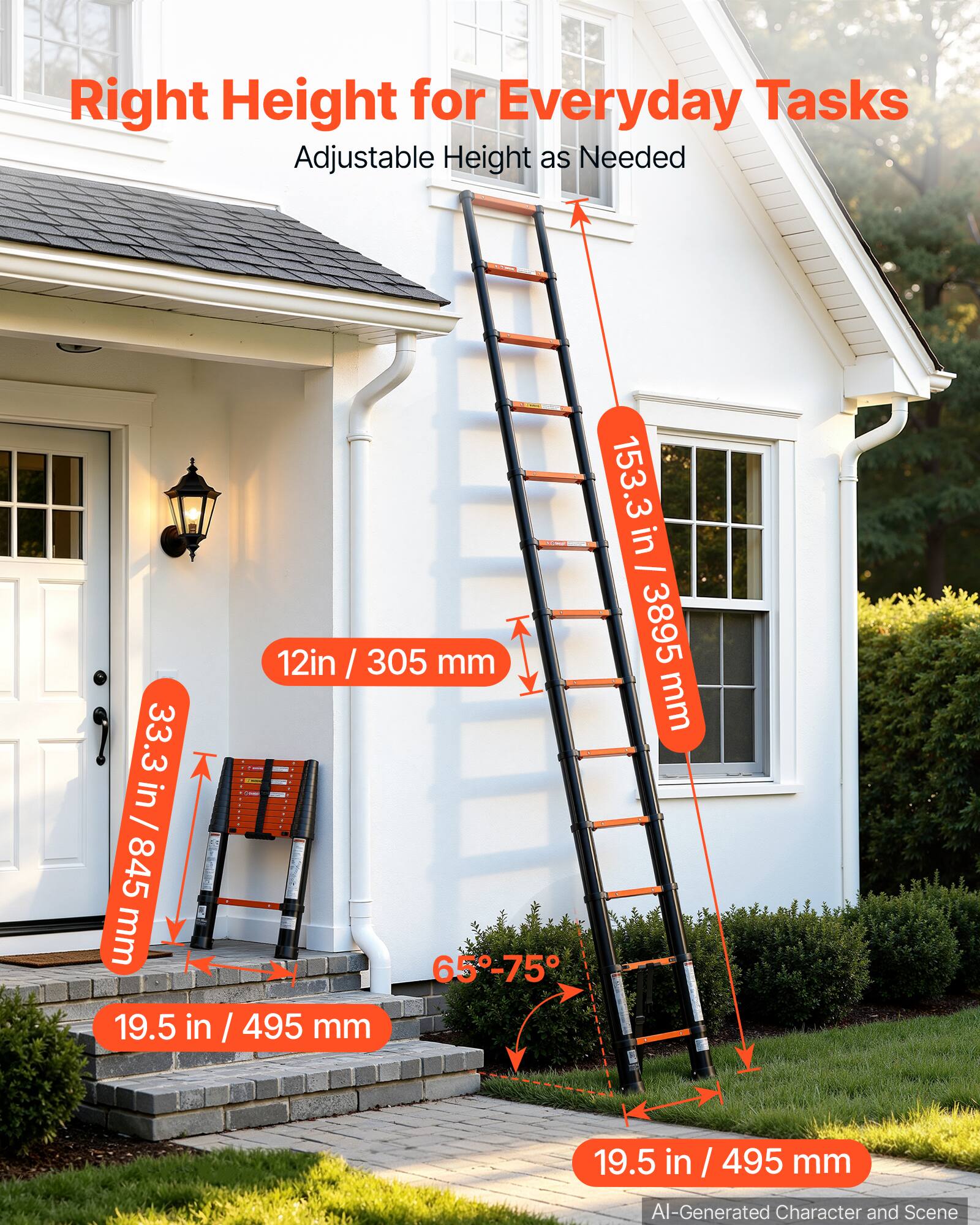 Right Height for Everyday Tasks  
Adjustable Height as Needed  

153.3 in / 3895 mm  
33.3 in / 845 mm  
12 in / 305 mm  
19.5 in / 495 mm  
65-75°  

AI-Generated Character and Scene