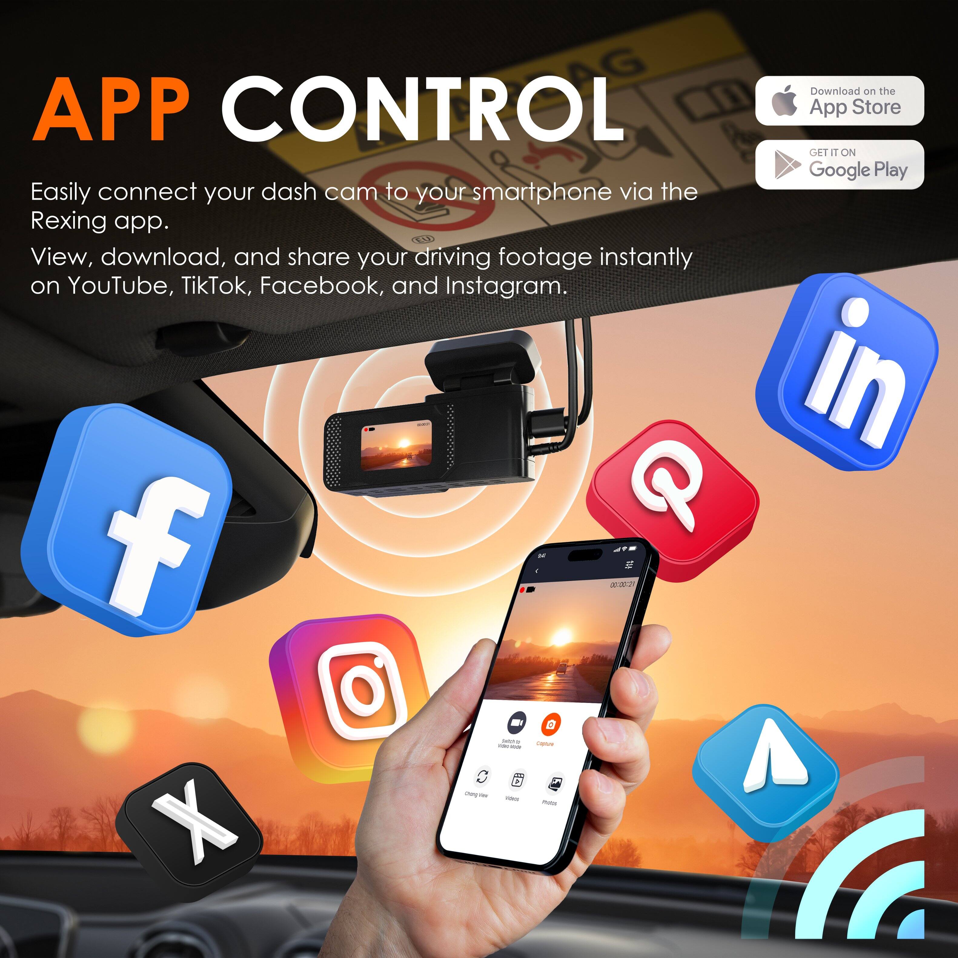 **APP CONTROL**

Easily connect your dash cam to your smartphone via the Rexing app.

View, download, and share your driving footage instantly on YouTube, TikTok, Facebook, and Instagram.

- Download on the App Store
- GET IT ON Google Play