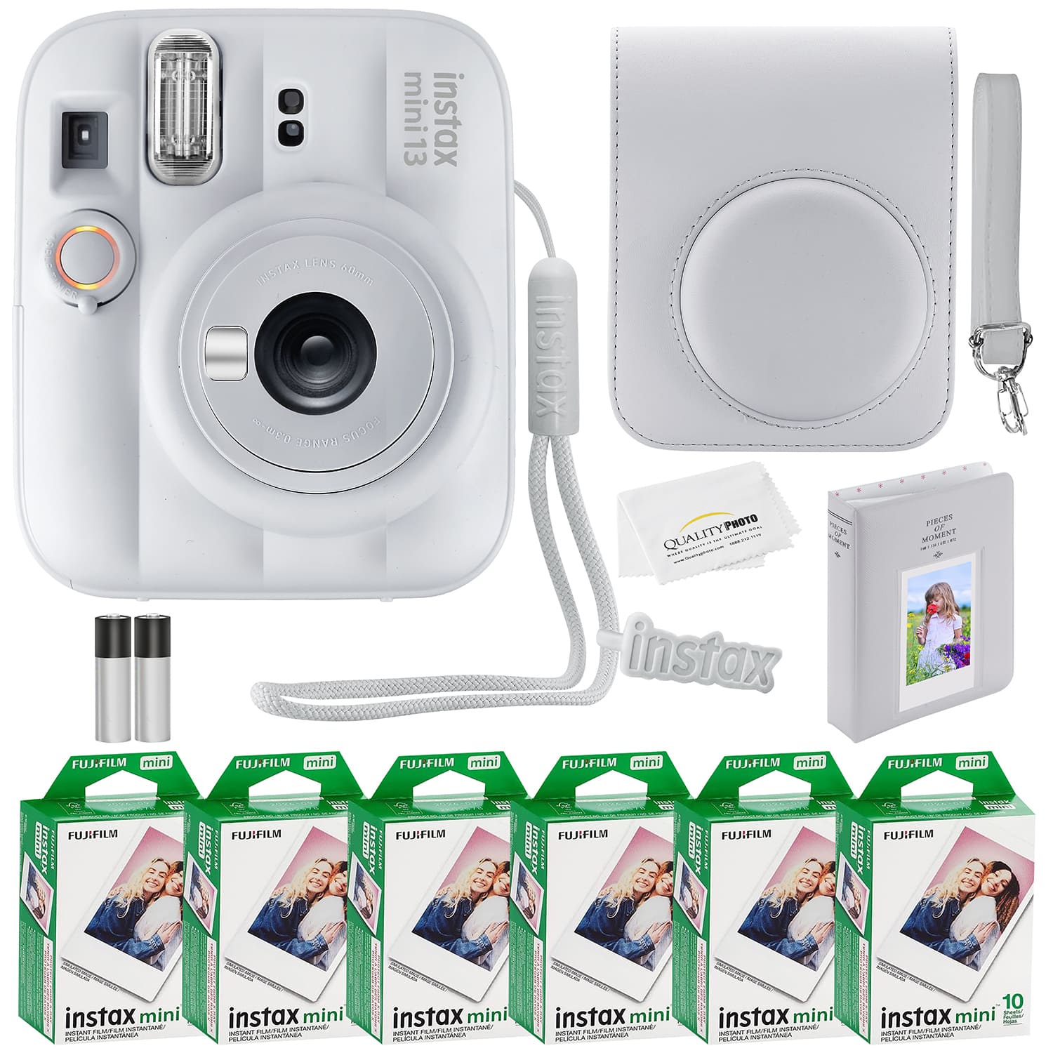 Bundle - Fujifilm - Instax Mini 13 Instant Camera 60 Photo Prints, Photo Album, Camera Case & Quality Photo Microfiber Cloth - Clay White