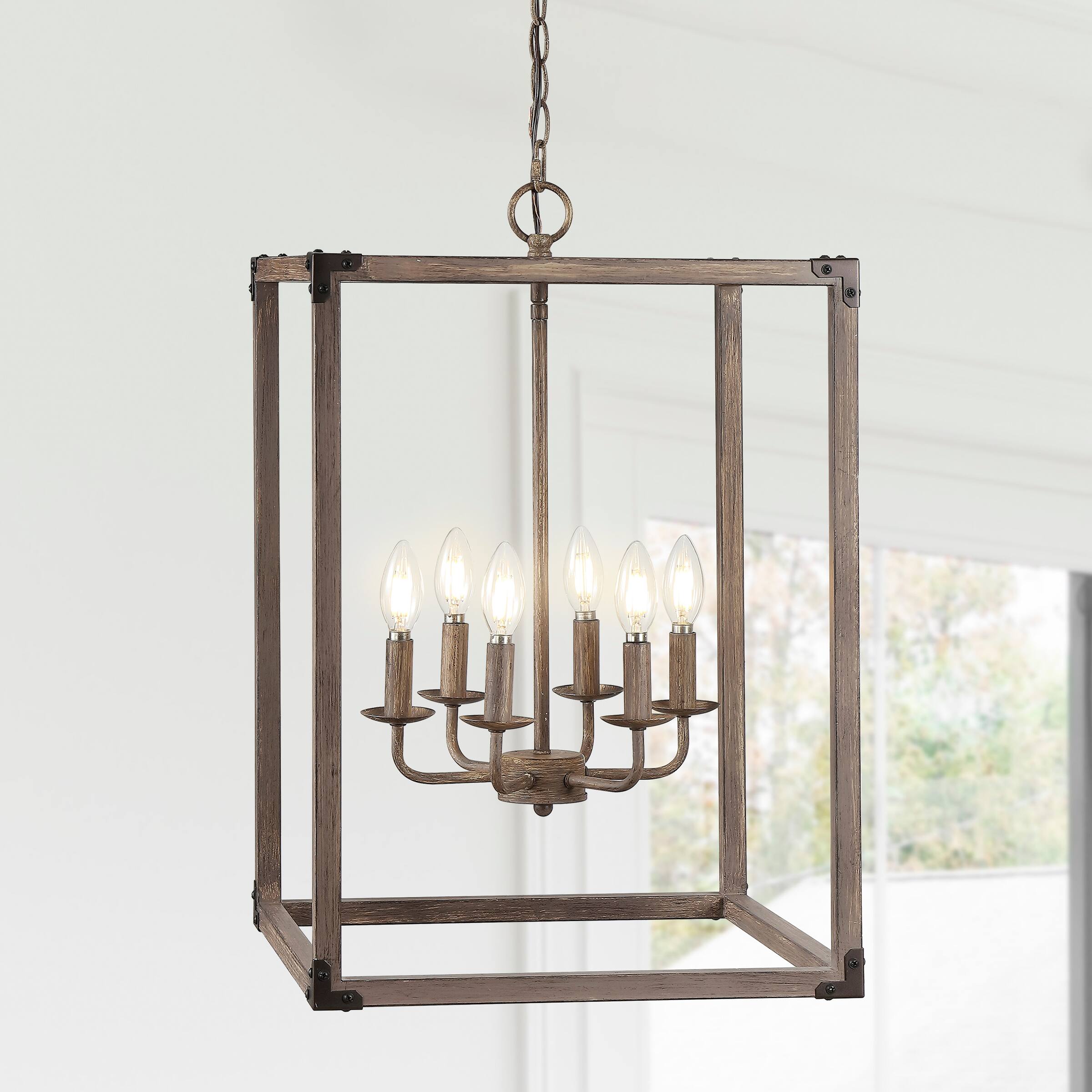 Alt View 1. Jonathan Y - Magnolia 16.2" 6-Light Adjustable Iron Rustic Farmhouse LED Pendant, Brown - Brown.