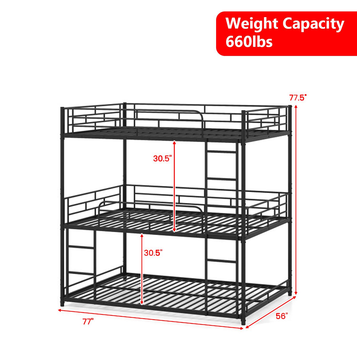 Weight Capacity: 660lbs  
Dimensions: 77.5" x 30.5" x 30.5" x 77" x 56"