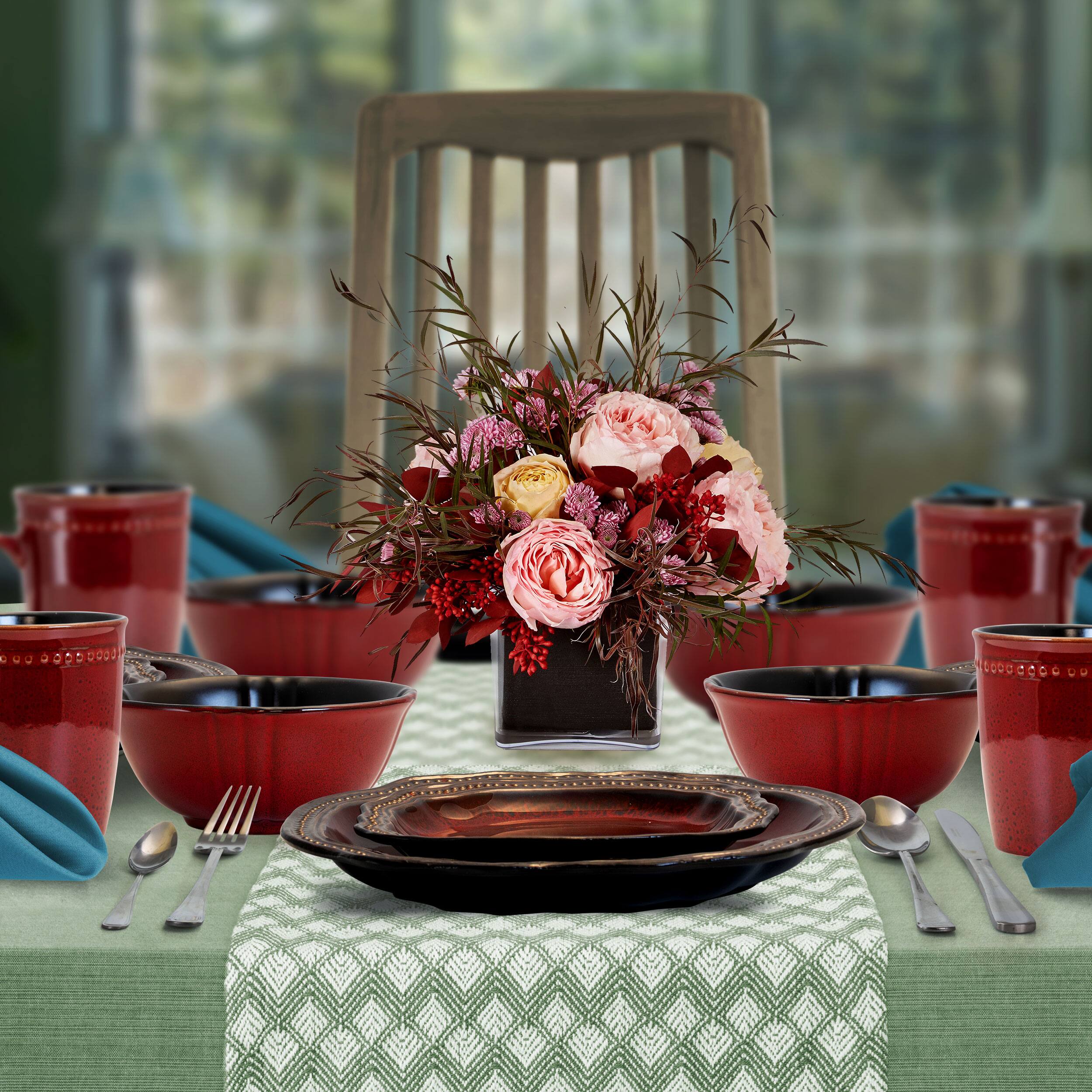 Alt View 3. Elama - Elama Regency 16 Piece Luxurious Stoneware Dinnerware with Complete Setting for 4, 16pc - Red.