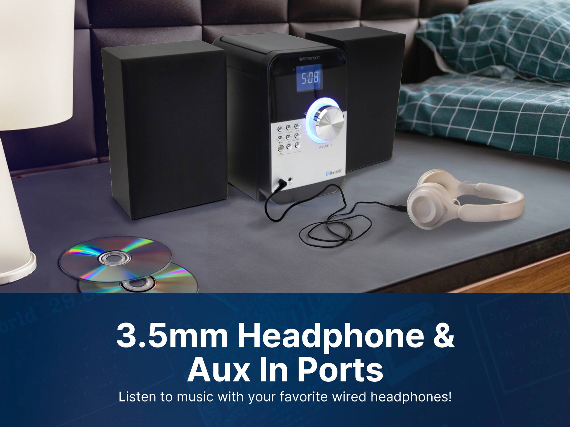 3.5mm Headphone & Aux In Ports
Listen to music with your favorite wired headphones!