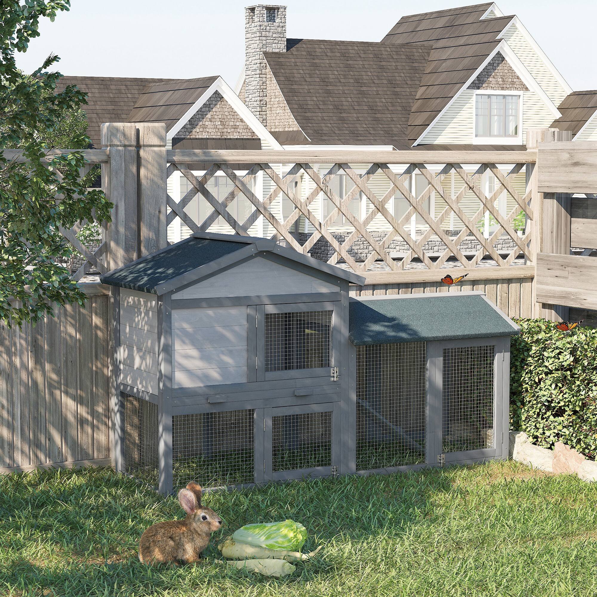 Alt View 1. Pawhut - 58" Wooden  Large Rabbit Hutch, Outdoor Indoor, Run, Removable Tray, Asphalt Roof, Lockable Doors, Ramp.