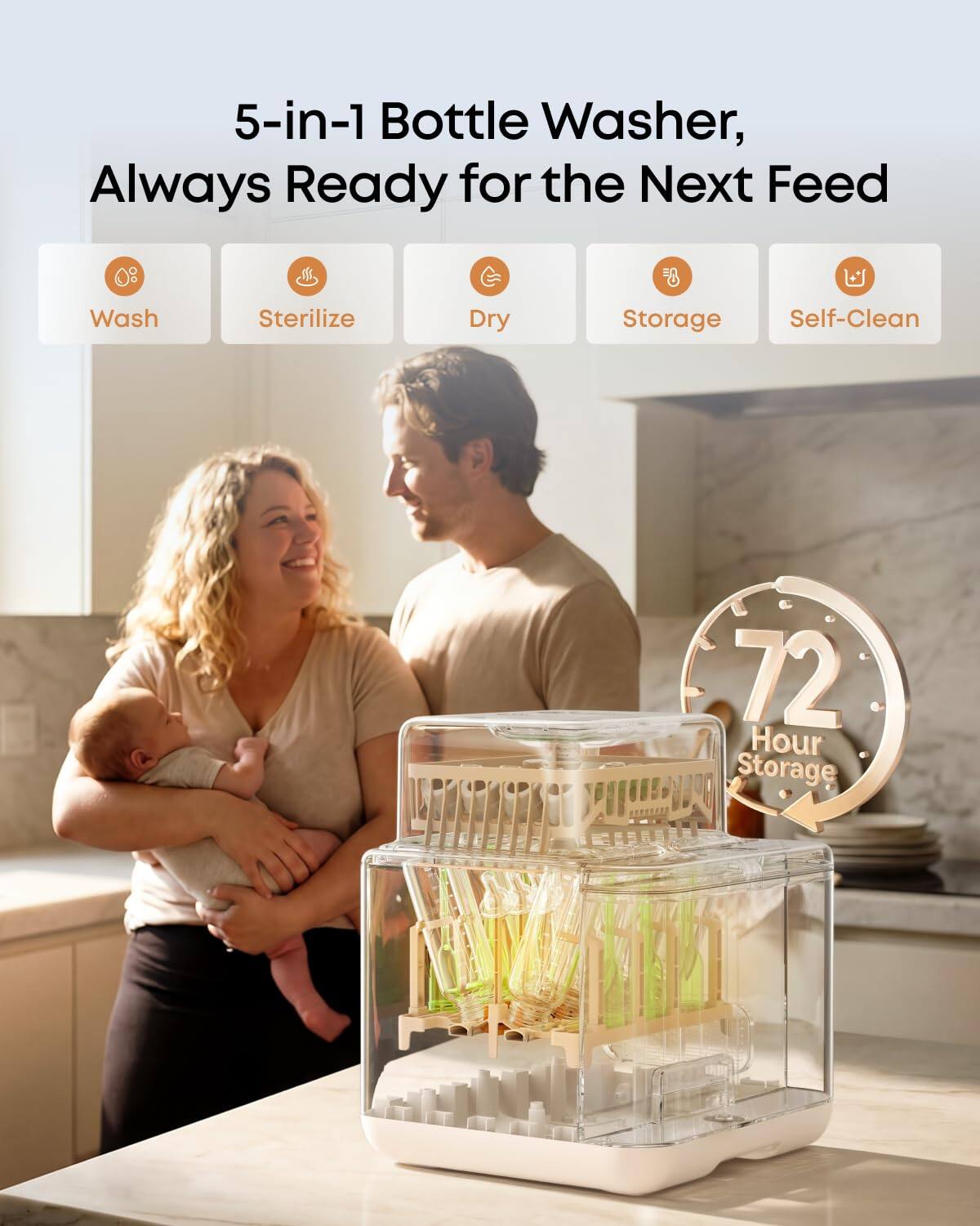 5-in-1 Bottle Washer, Always Ready for the Next Feed

Wash
Sterilize
Dry
Storage
Self-Clean

72 Hour Storage