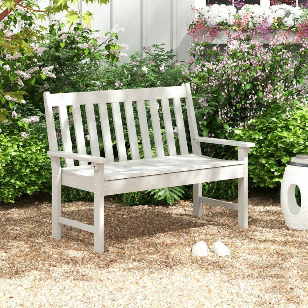 Alt View 5. Kadyn - Garden Bench, Patio Bench, 52 Inch All-Weather HDPE Outdoor Bench with Backrest and Armrests-White - White.