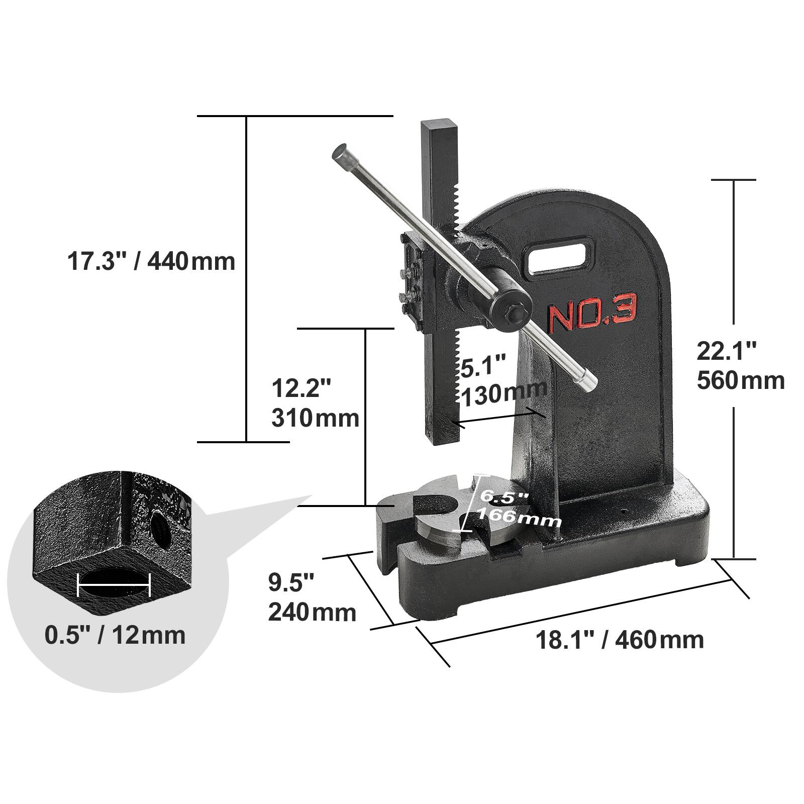 17.3" / 440mm  
12.2" / 310mm  
5.1" / 130mm  
22.1" / 560mm  
6.5" / 166mm  
0.5" / 12mm  
9.5" / 240mm  
18.1" / 460mm