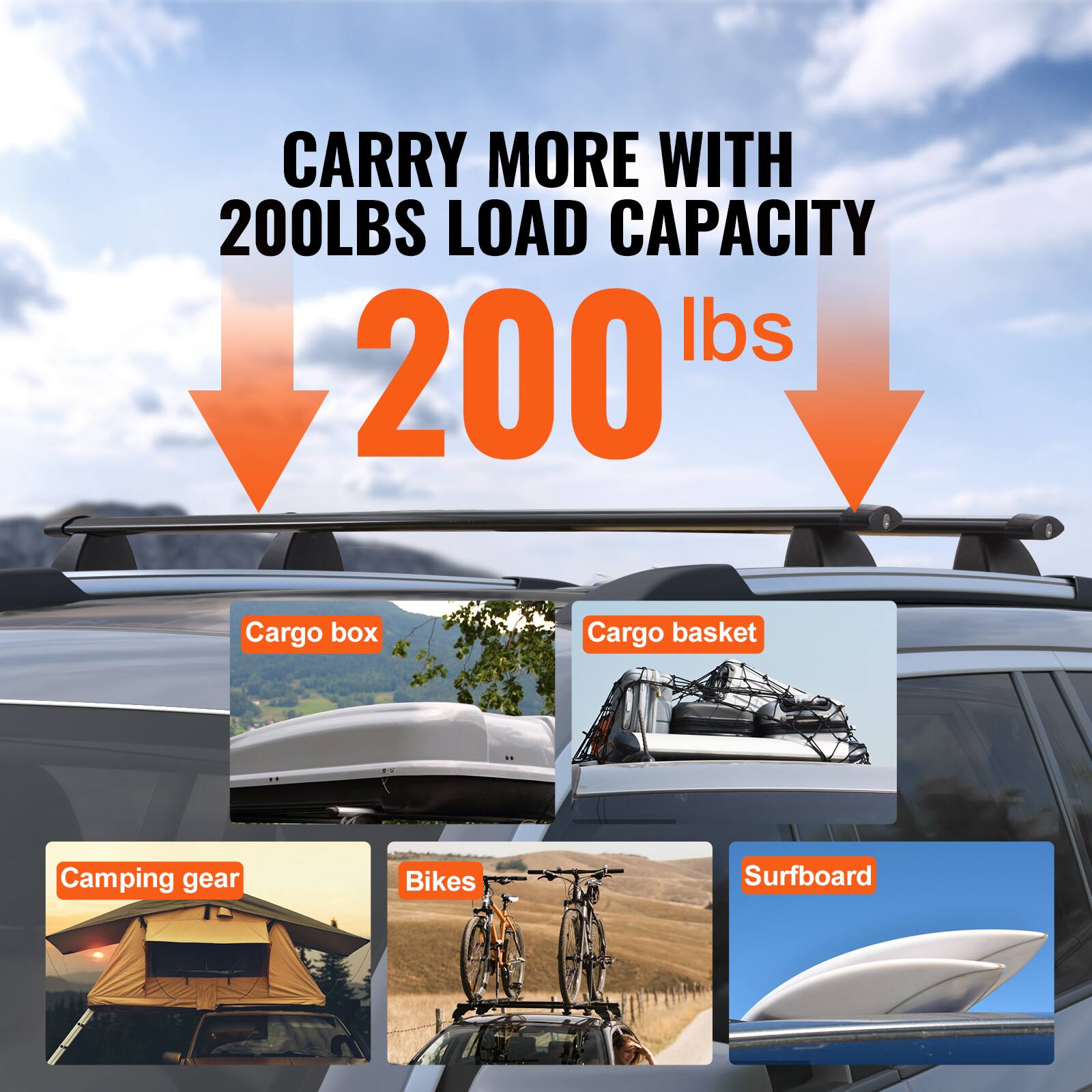 CARRY MORE WITH 200LBS LOAD CAPACITY

- Cargo box
- Cargo basket
- Camping gear
- Bikes
- Surfboard
