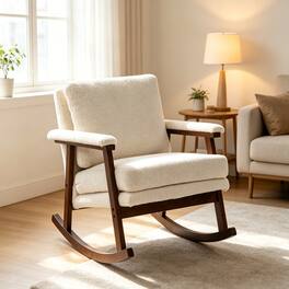 Loheer - Mid Century Modern Accent Chair Solid Wood Rocking Chair Upholstered Reading Armchair for Bedroom Sunroom - White